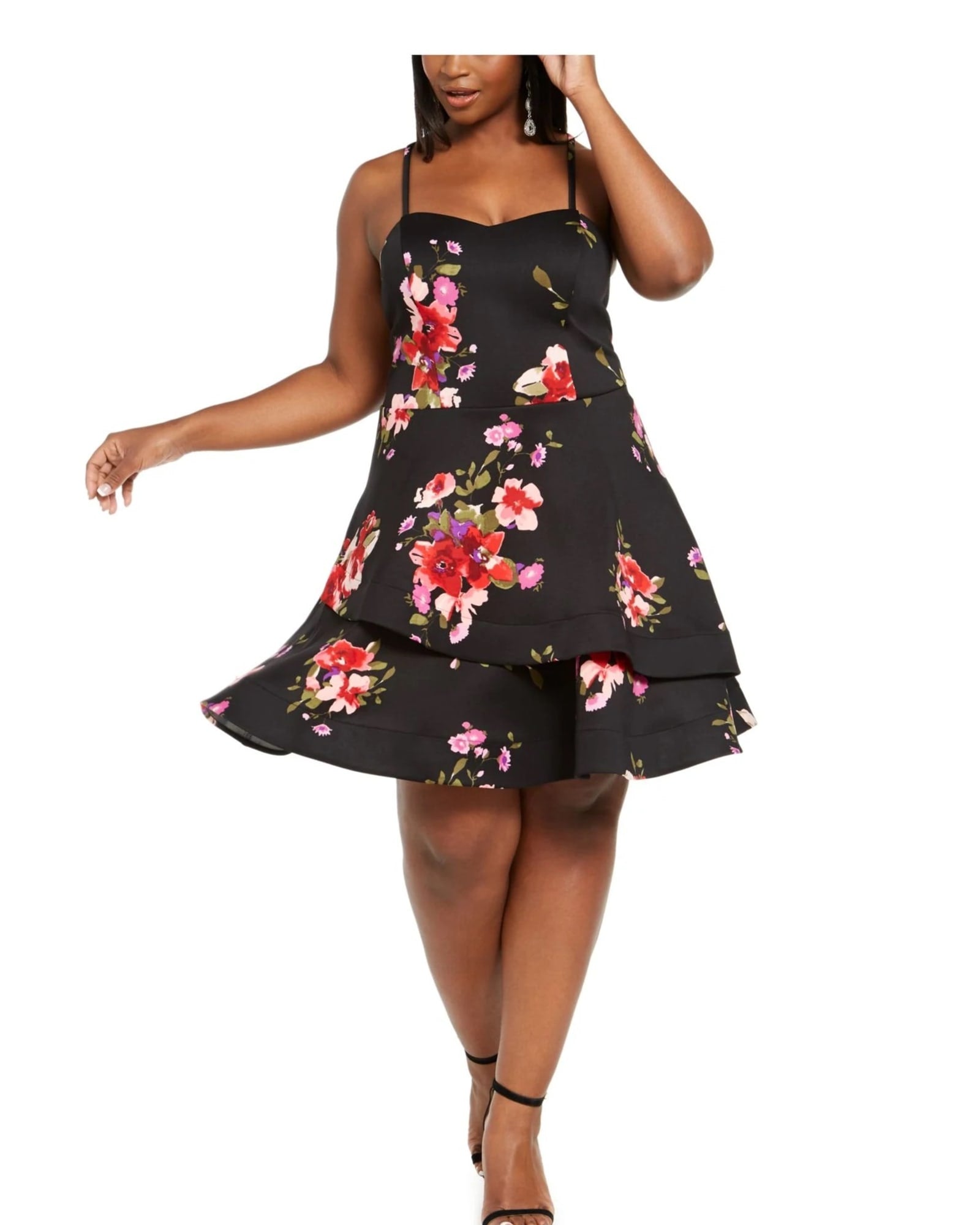 Sequin Hearts Women's Trendy Plus Size Floral Fit & Flare Dress Black Size 20 | Black