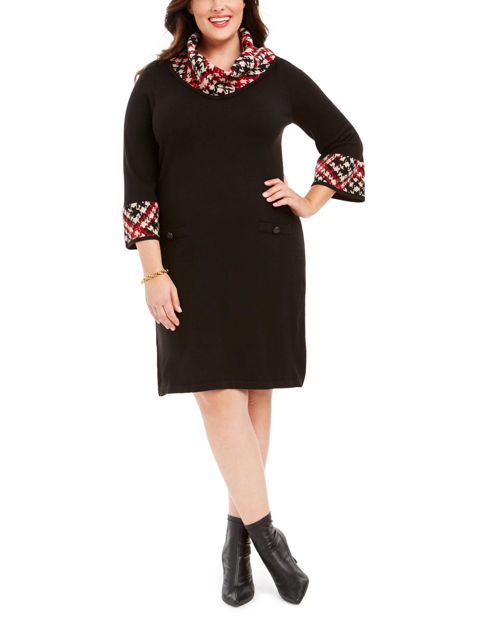 Jessica Howard Women's Plus Size Plaid Cowlneck Sweater Dress Charcoal Size 1X | Gray