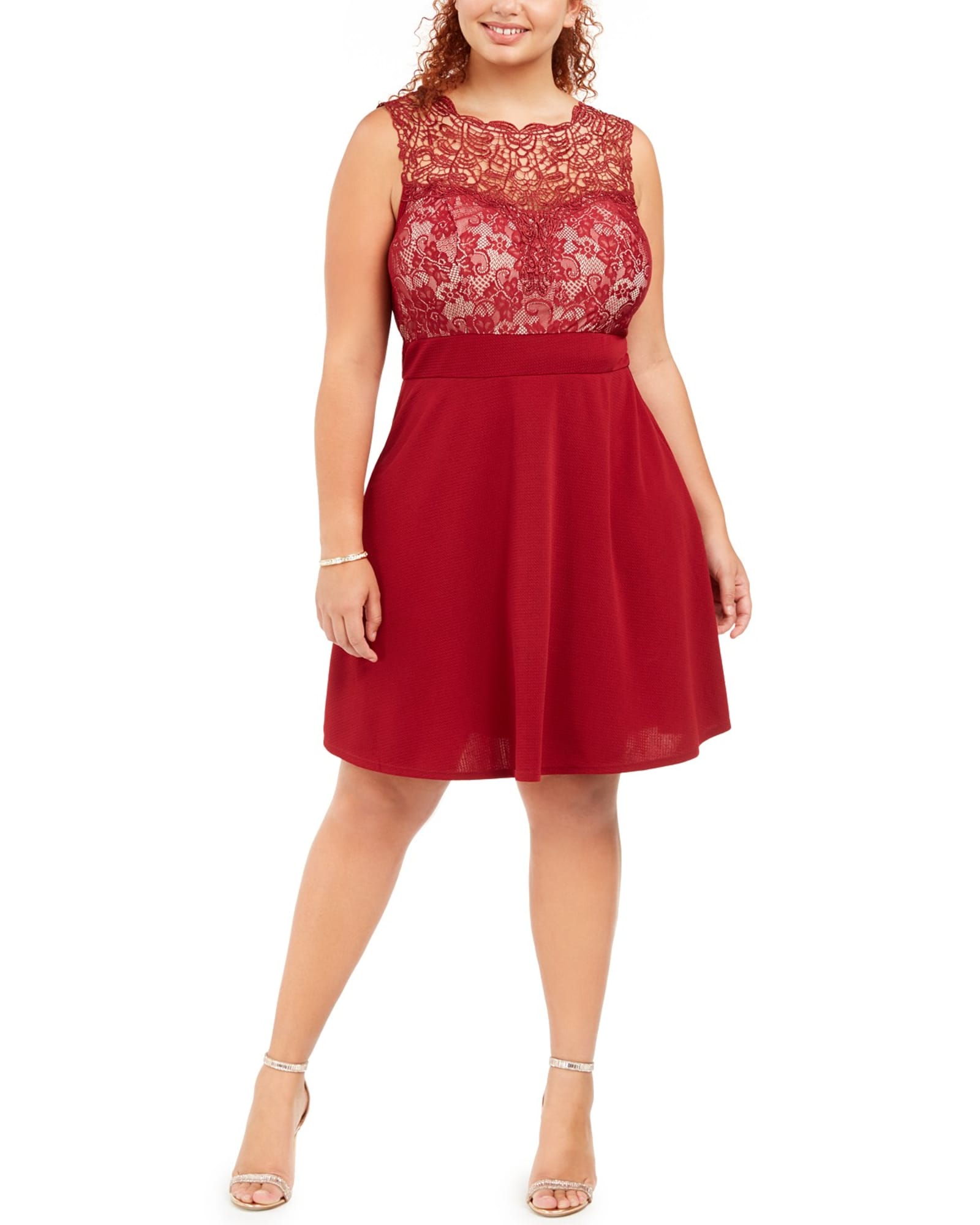 Love Women's Squared Trendy Plus Size Lace Fit & Flare Dress Medium Red Size Extra Large | Red