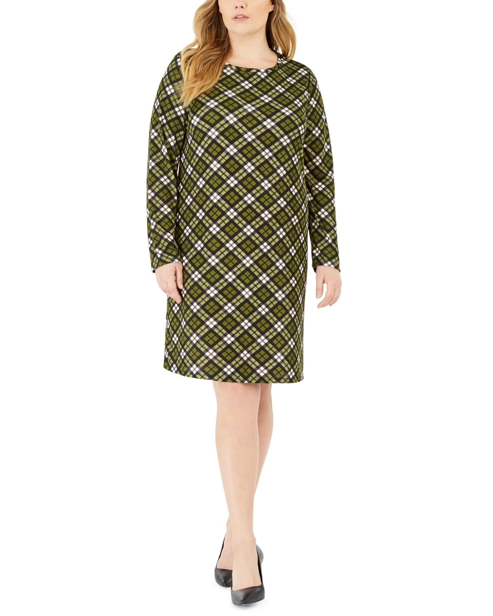 Michael Kors Women's Plus Plaid Long Sleeve Shift Dress Green Size 1X | Green