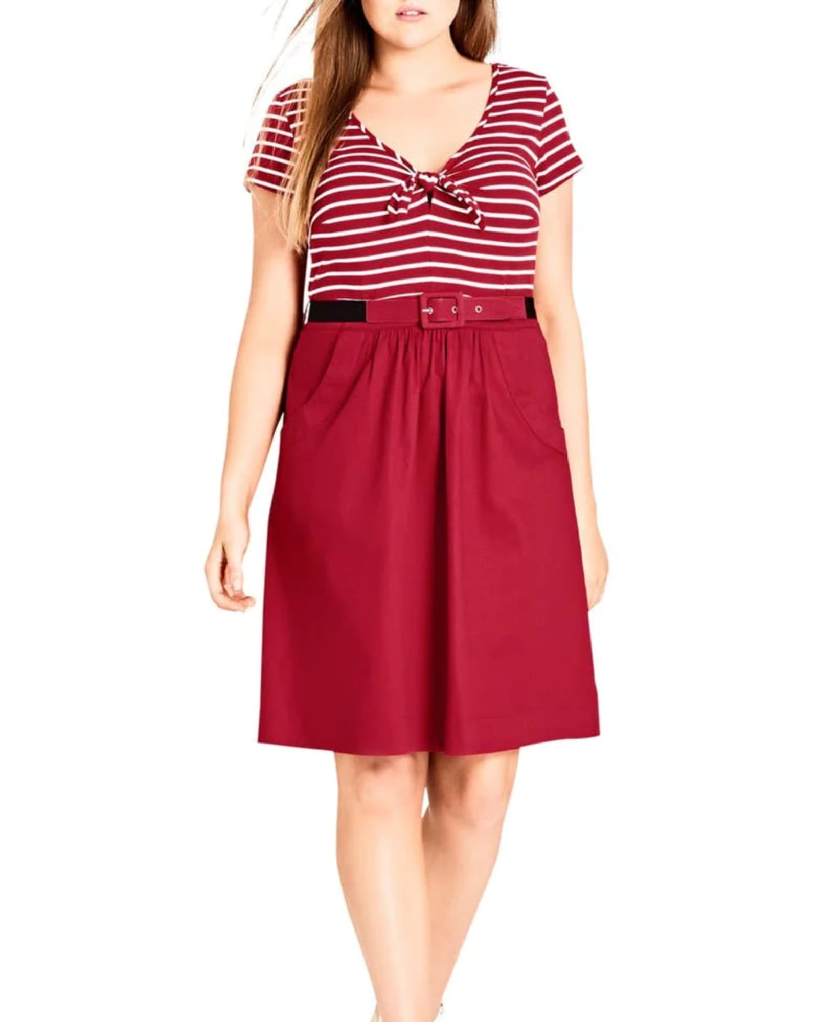City Chic Women's Trendy Plus Tie Front Fit & Flare Dress Red Size Petite Small | Red