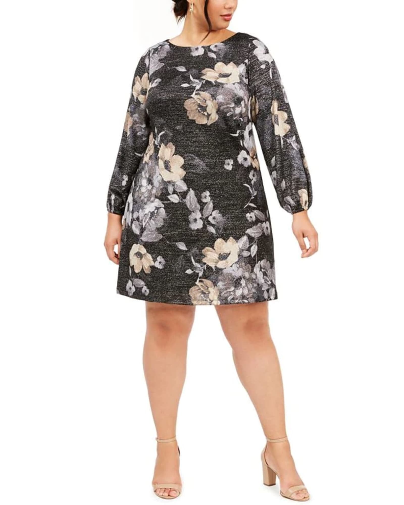 Jessica Howard Women's Plus Metallic Floral Print a Line Dress Silver Size 14W | Gray