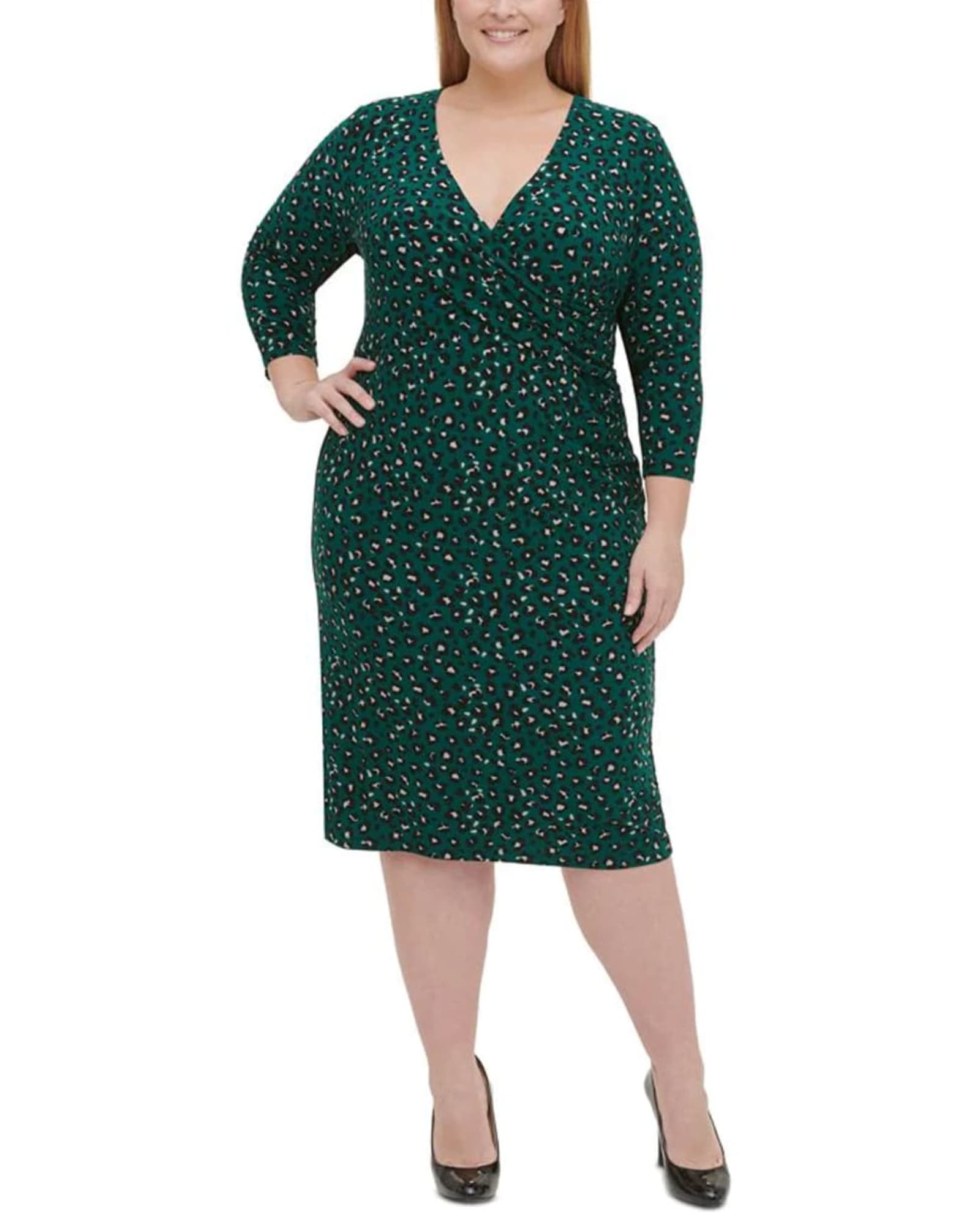Tommy Hilfiger Women's Plus Leopard Print Jersey MIDI Dress Green Size14W | Green