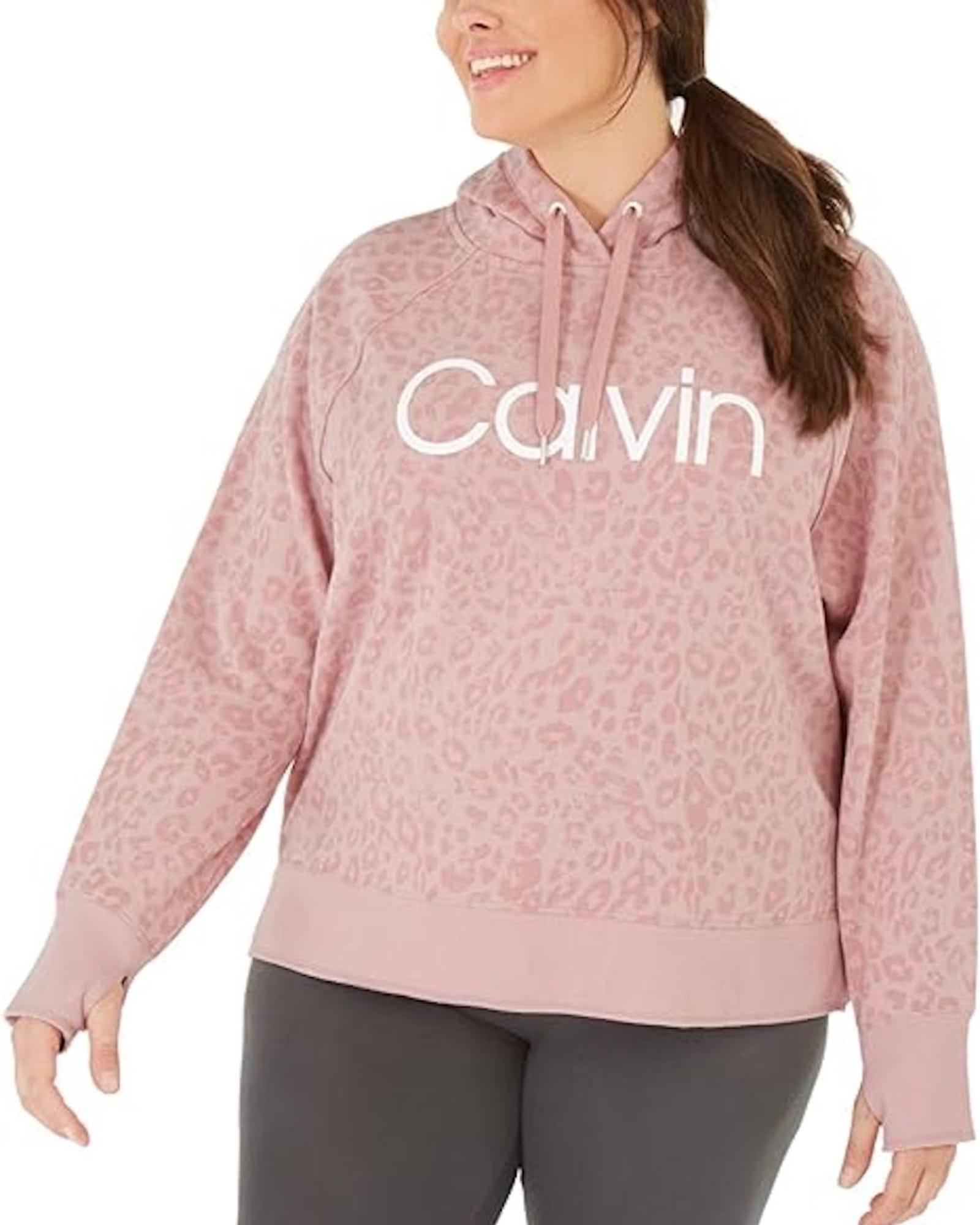 Calvin Klein Women's Performance Plus Animal-Print Hooded Sweatshirt Bright Pink Size 1X | Pink