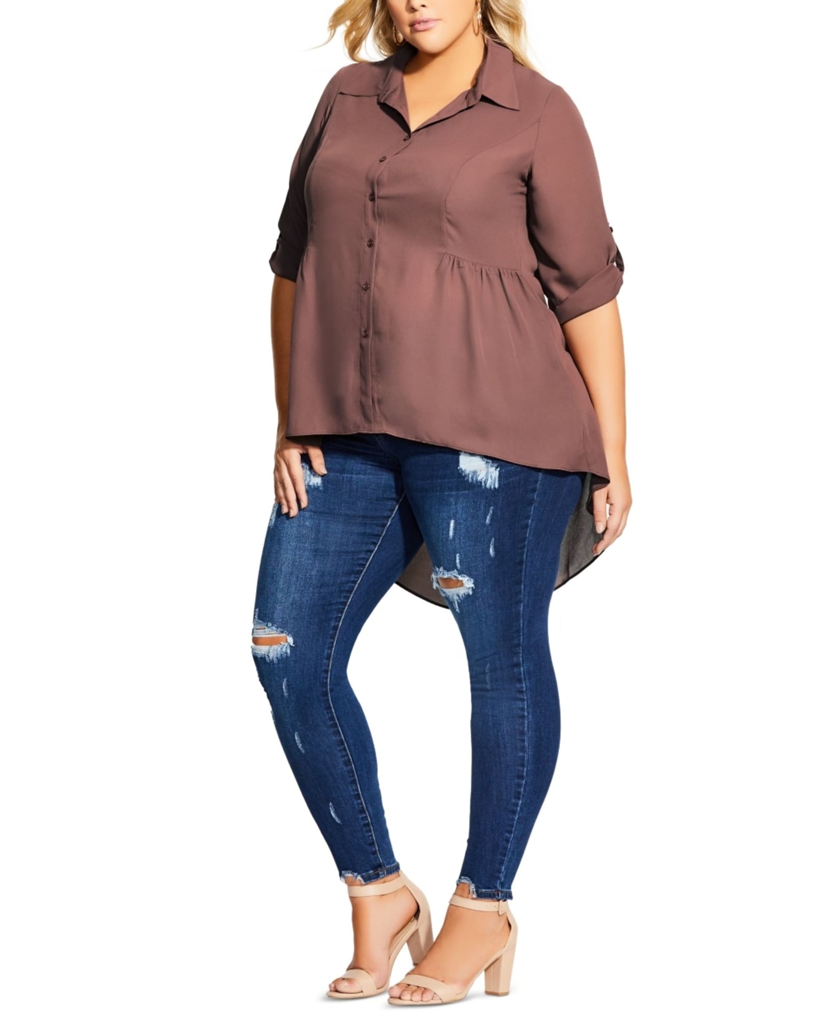 City Chic Women's Trendy Plus Size High-Low Collared Shirt Brown Size 24W | Orange