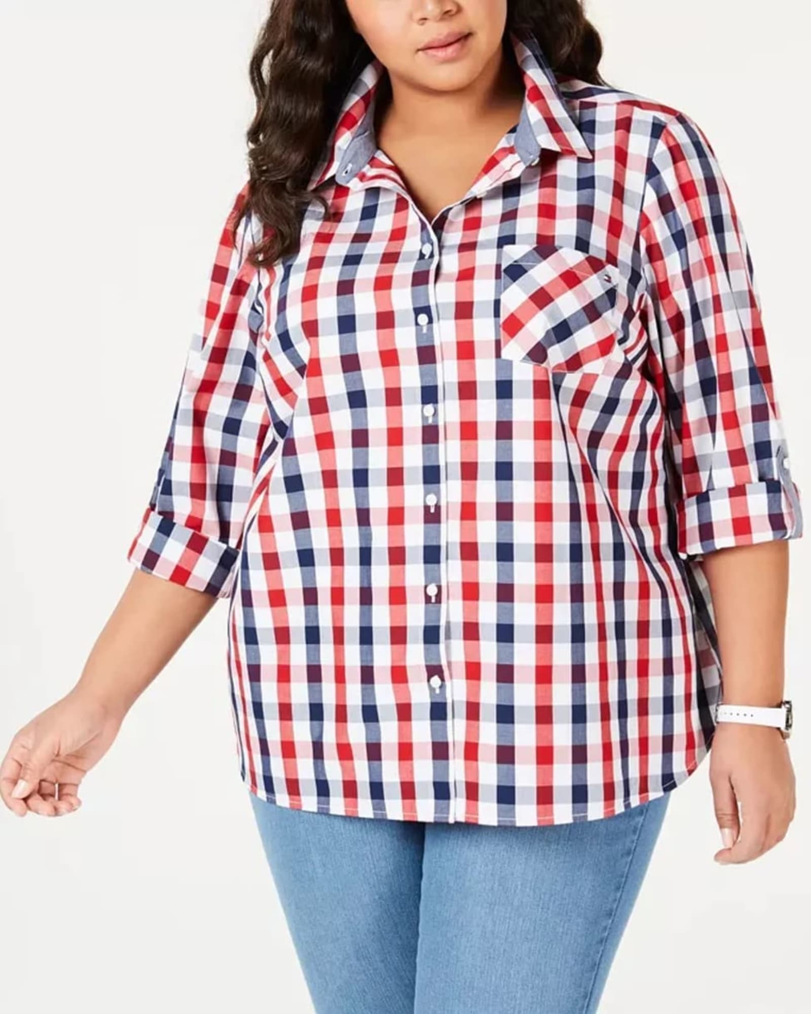 Tommy Hilfiger Women's Plus Size Galleon Gingham Button-Up Shirt Red Size 0X | Red