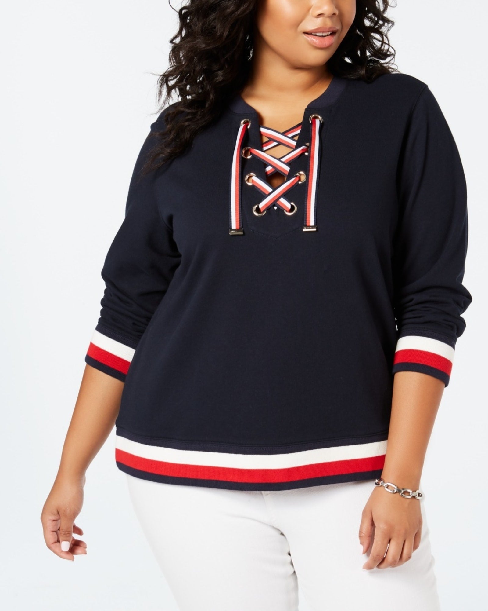 Tommy Hilfiger Women's Plus Size Lace Up Sweatshirt Blue Size 0X | Blue