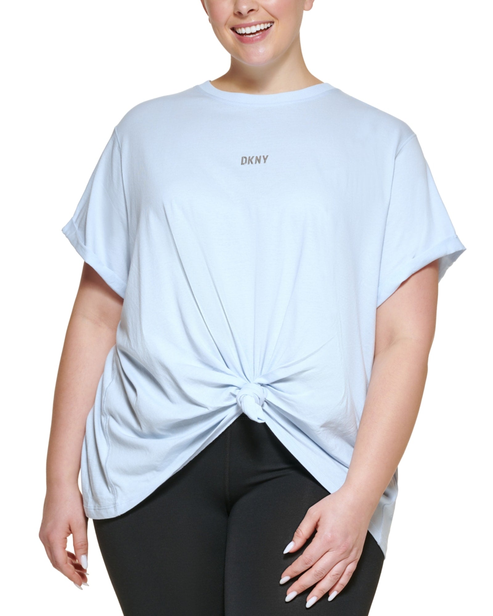 DKNY Women's Sport Plus Knot Front Metallic Logo T-Shirt Blue Size 3X | Blue