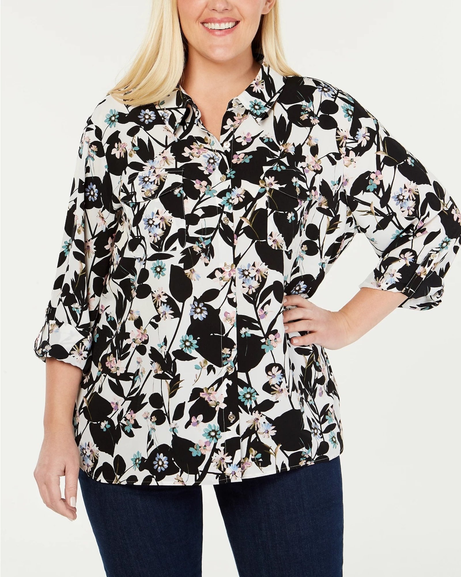 Tommy Hilfiger Women's Plus Floral Print Utility Shirt White Size 0X | White