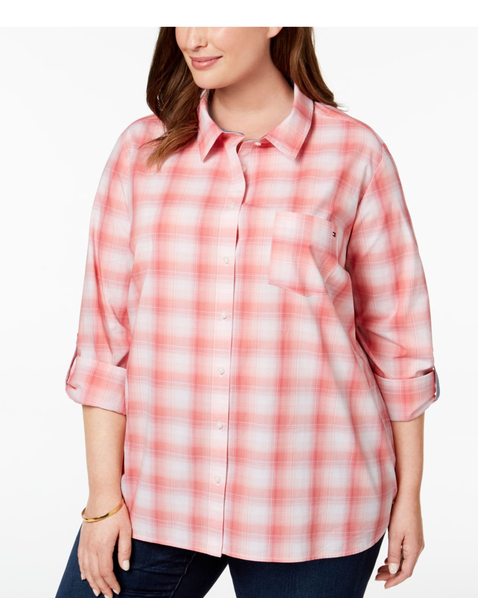 Tommy Hilfiger Women's Plus Cotton Plaid Tab Sleeve Shirt Orange Size 2X | Orange