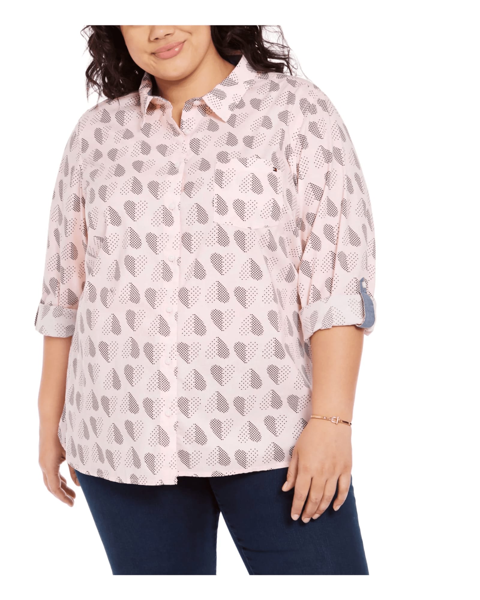 Tommy Hilfiger Women's Plus Size Polka Dot Heart Print Cotton Shirt Pink Size 1X | Pink