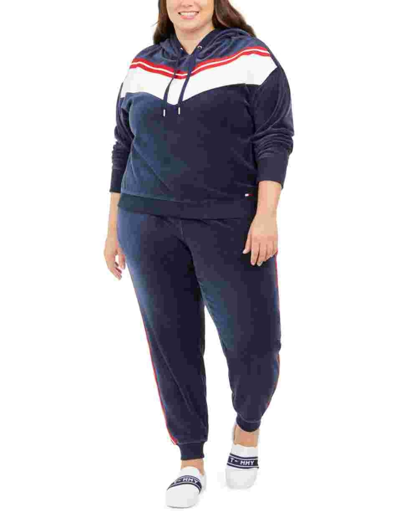 Tommy Hilfiger Sport Women's Plus Chevron Velour Hooded Sweatshirt Blue Size 1X | Blue