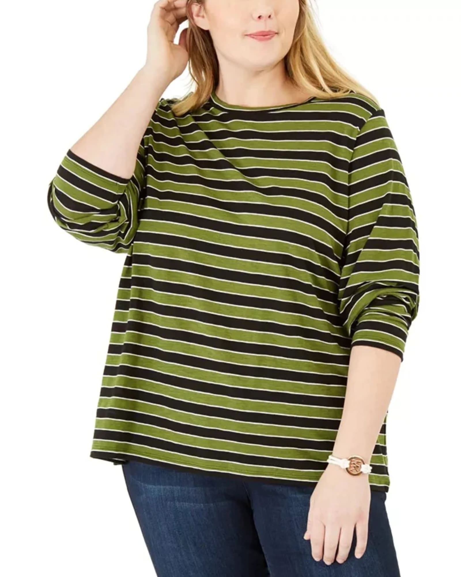 Michael Kors Women's Plus Striped Crewneck T-Shirt Green Size 0X | Green
