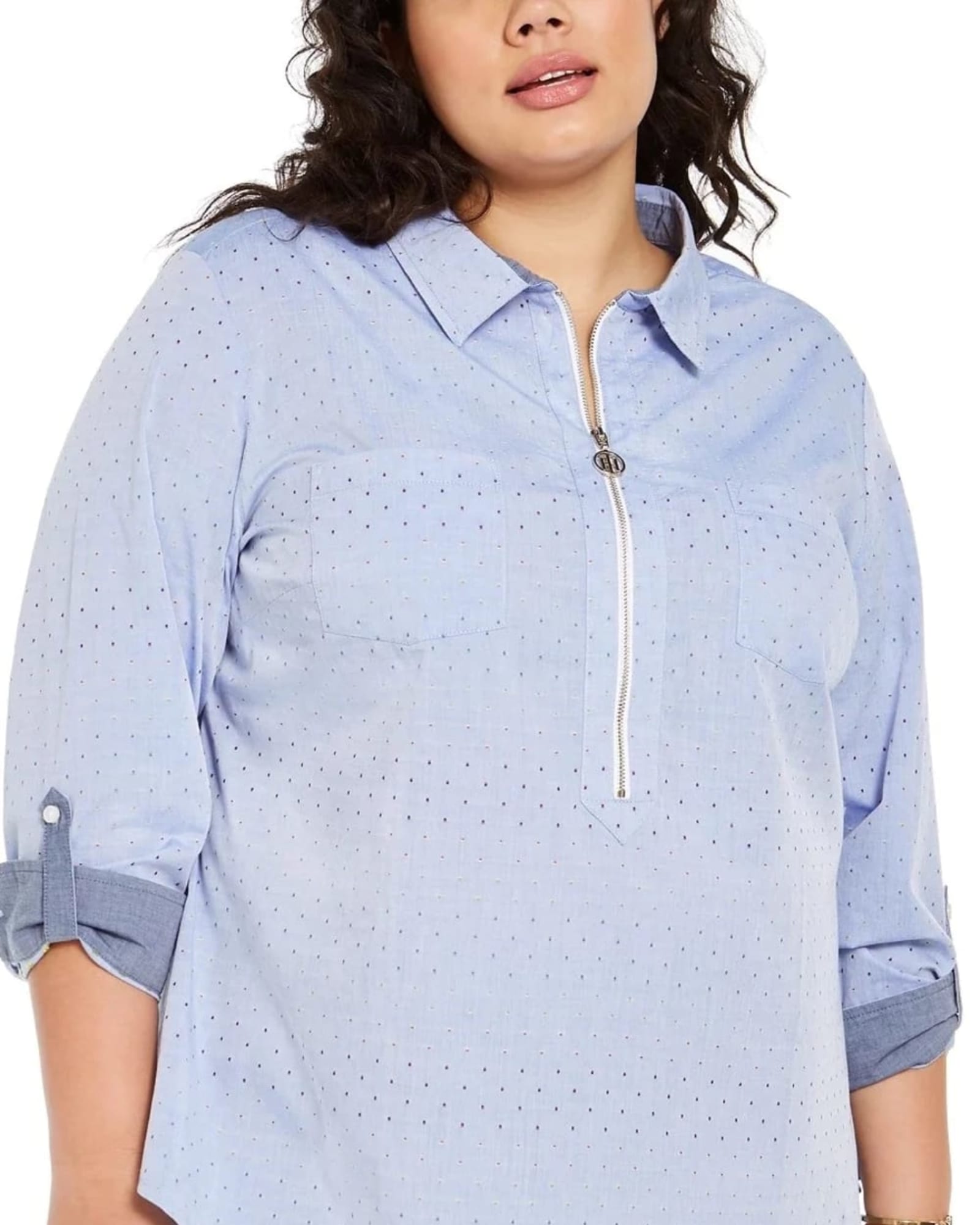 Tommy Hilfiger Women's Plus Size Polka Dot Zip Front Cotton Shirt Blue Size 0X | Blue
