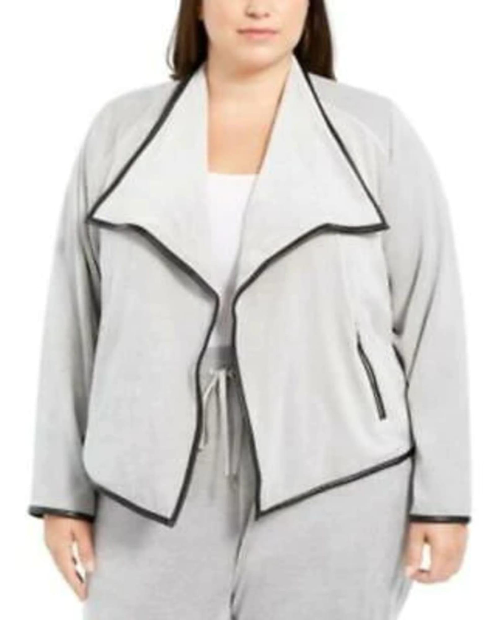 Calvin Klein Women's Plus Contrast-Trim Flyaway Jacket Grey Size 1X | Gray