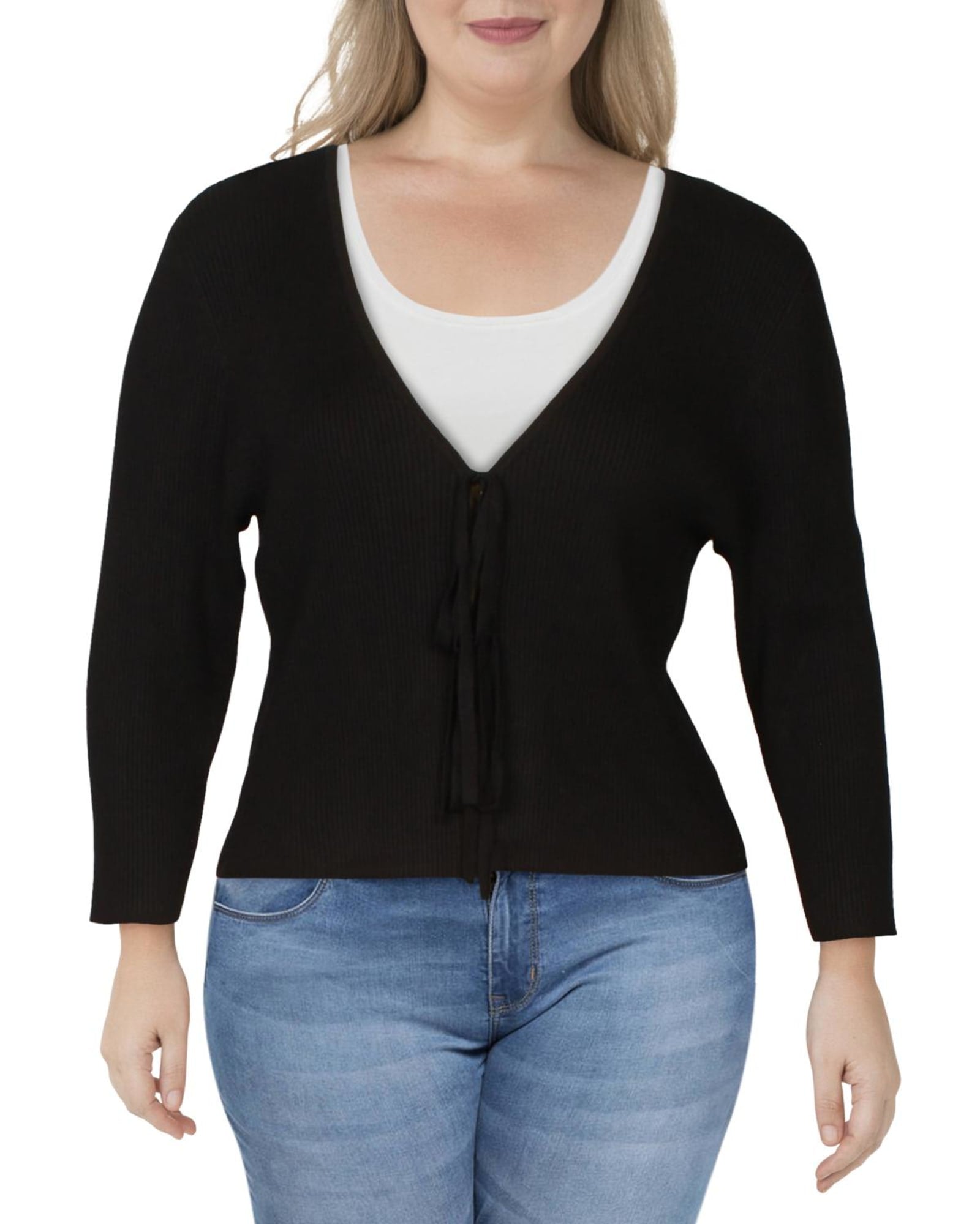 Danielle Bernstein Women's Plus Ribbed Tie Front Cardigan Sweater Black Size 3X | Black