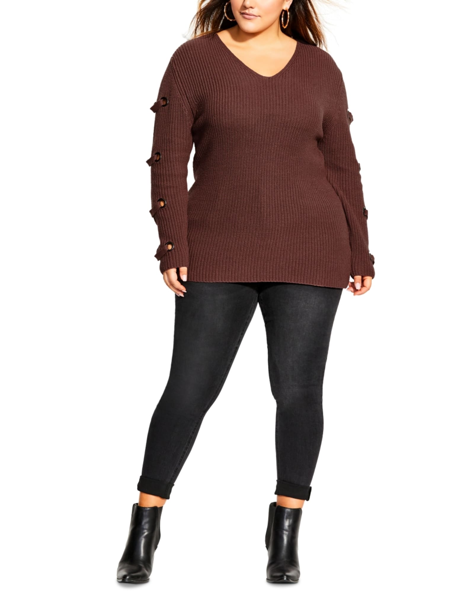 City Chic Women's Trendy Plus Grommet-Sleeved Sweater Nutmeg Size XS | Brown