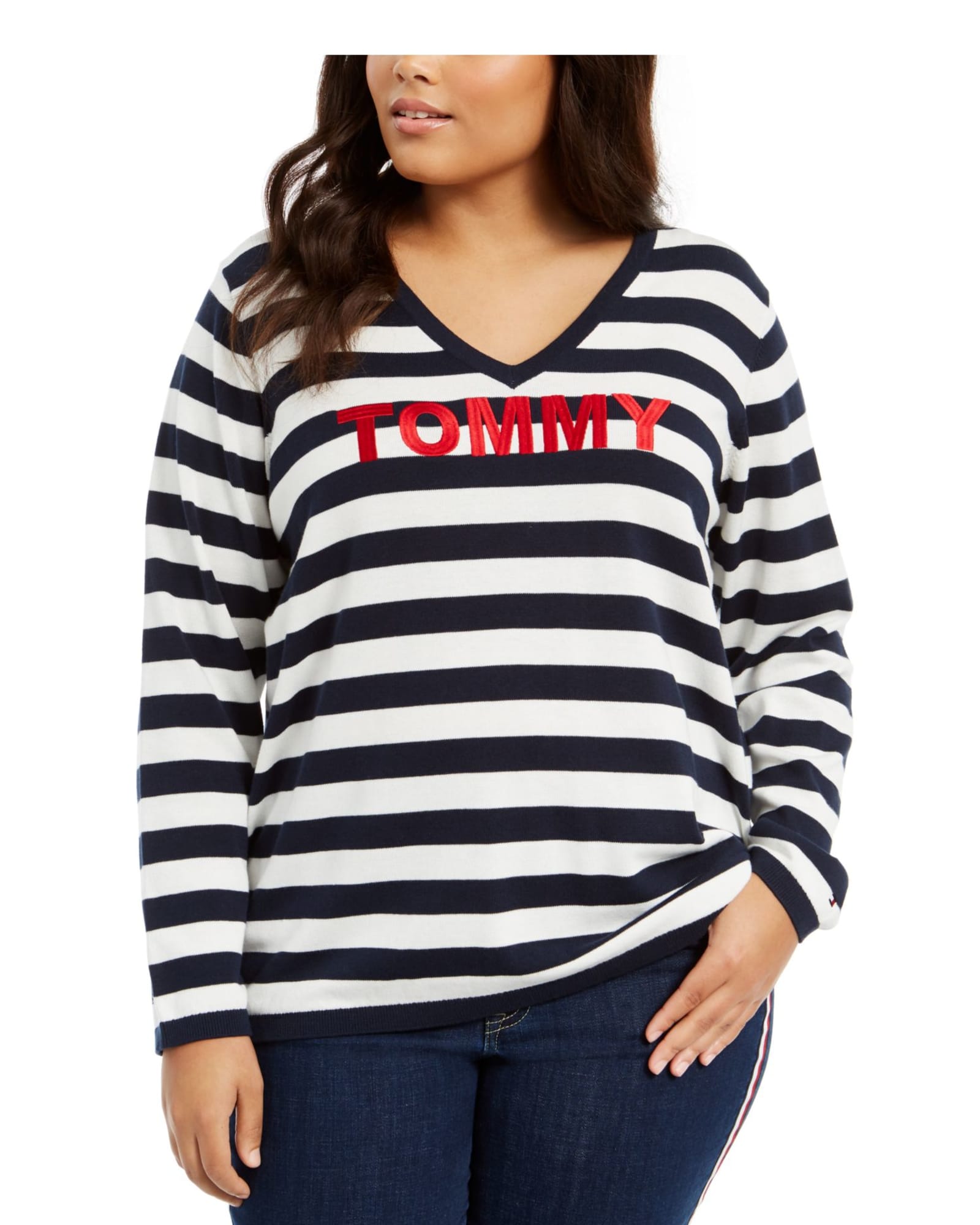 Tommy Hilfiger Women's Plus Cotton Striped V Neck Sweater Blue Size 0X | Blue