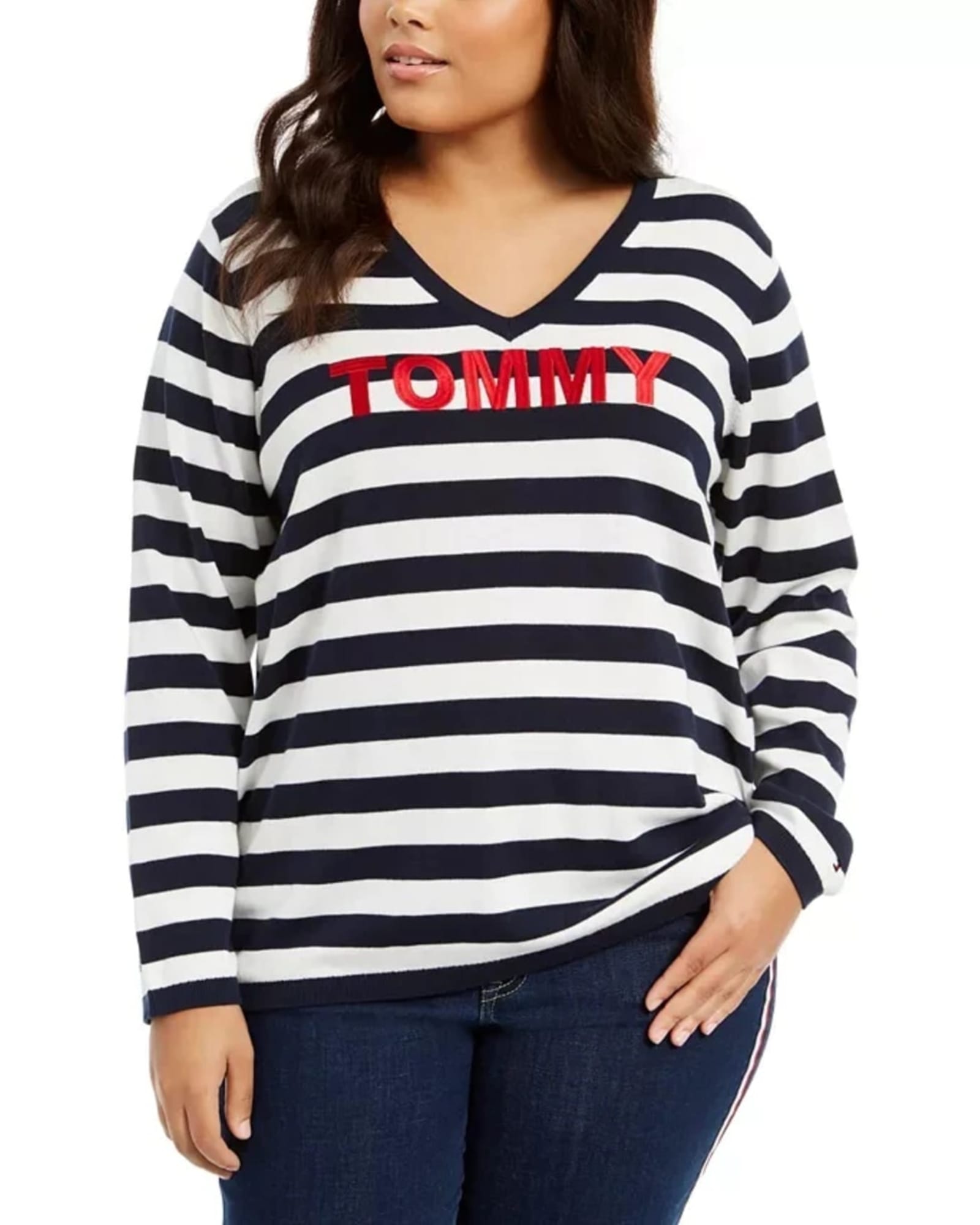Tommy Hilfiger Women's Plus Size Ivy Striped Logo Sweater Blue Size 1X | Blue