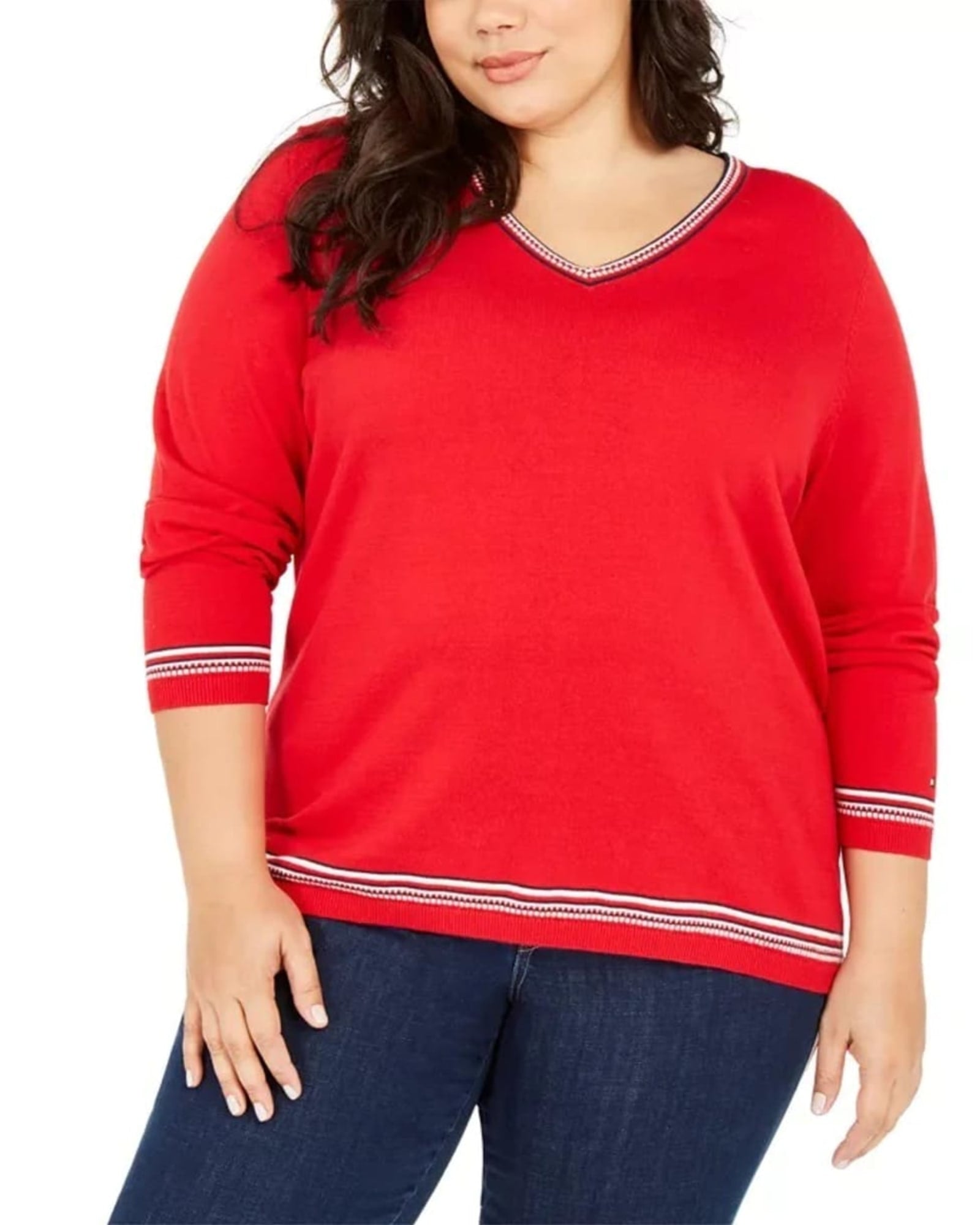 Tommy Hilfiger Women's Plus Size Ivy Contrast-Trim Cotton Sweater Medium Red Size 1X | Red