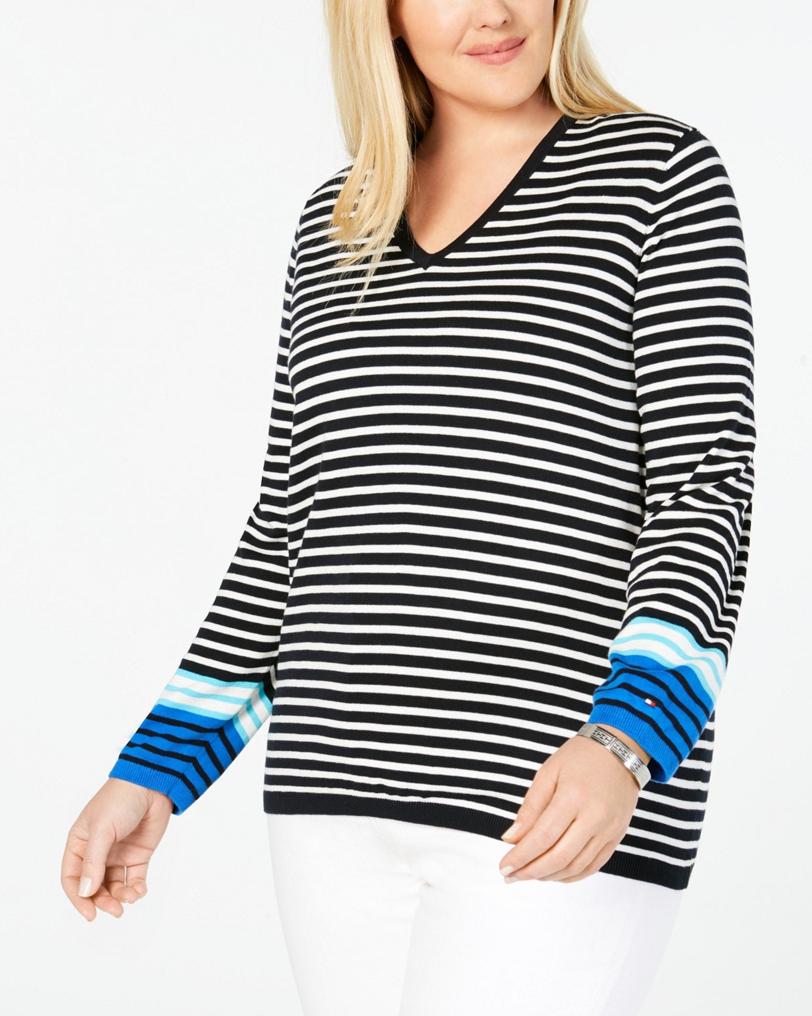 Tommy Hilfiger Women's Plus Size Cotton Striped V-Neck Sweater Blue Size 1X | Blue