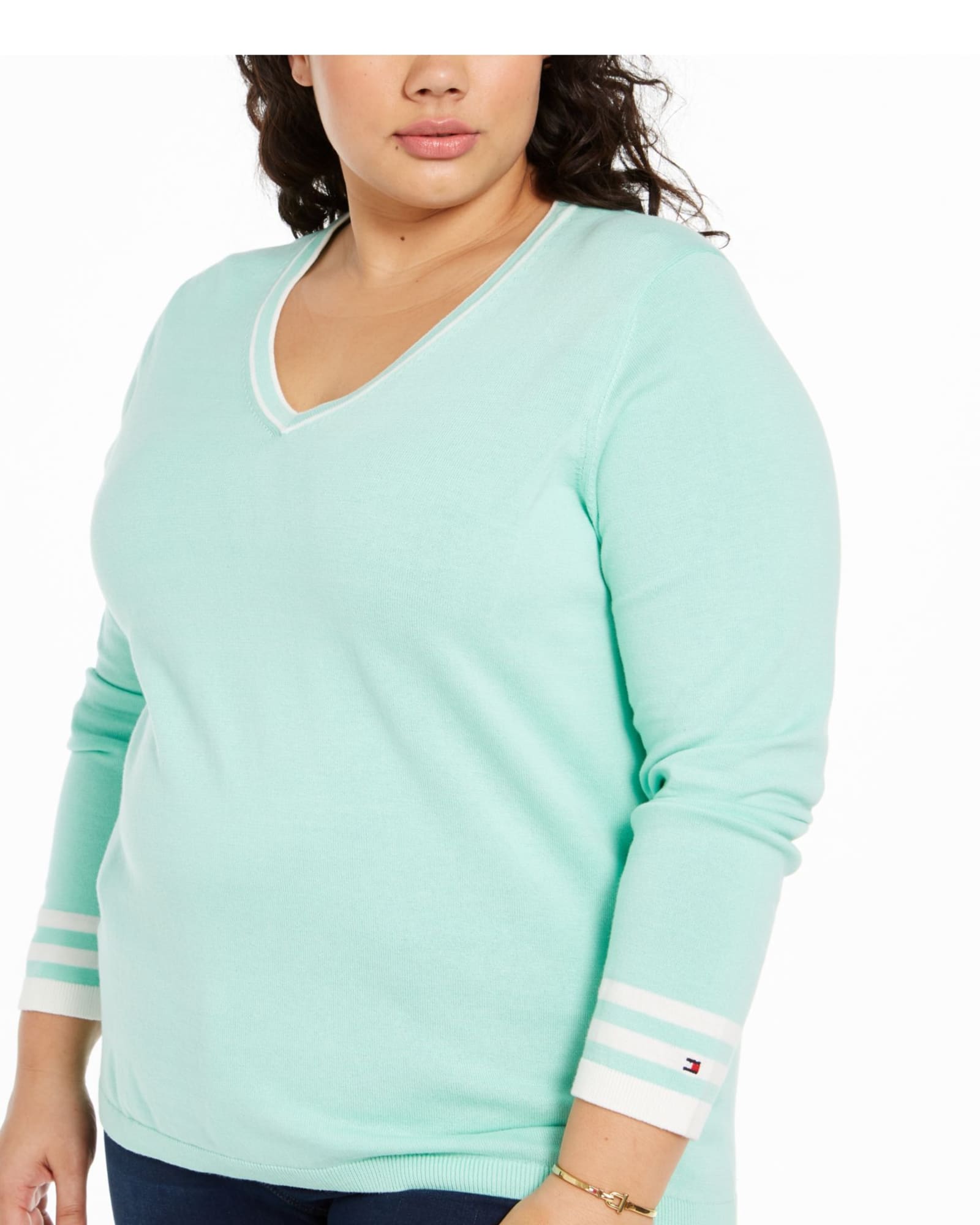 Tommy Hilfiger Women's Plus Cotton Striped V Neck Sweater Mint Size 0X | Green