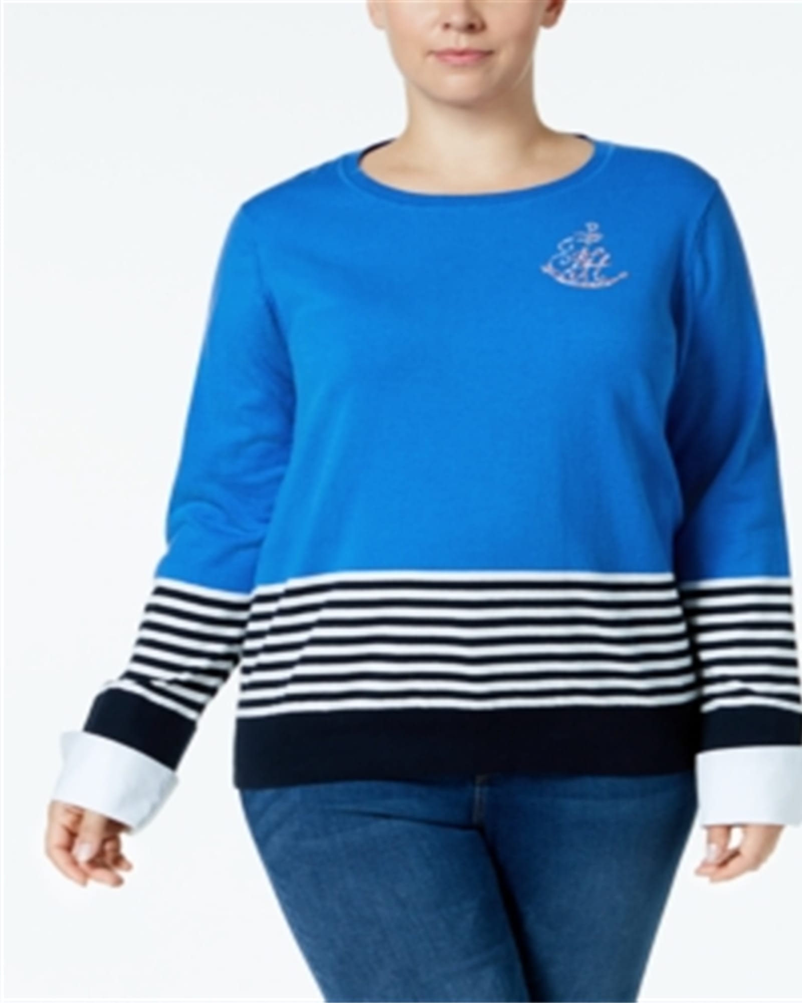 Tommy Hilfiger Women's Plus Cotton Striped Embellished Sweater Blue Size 1X | Blue
