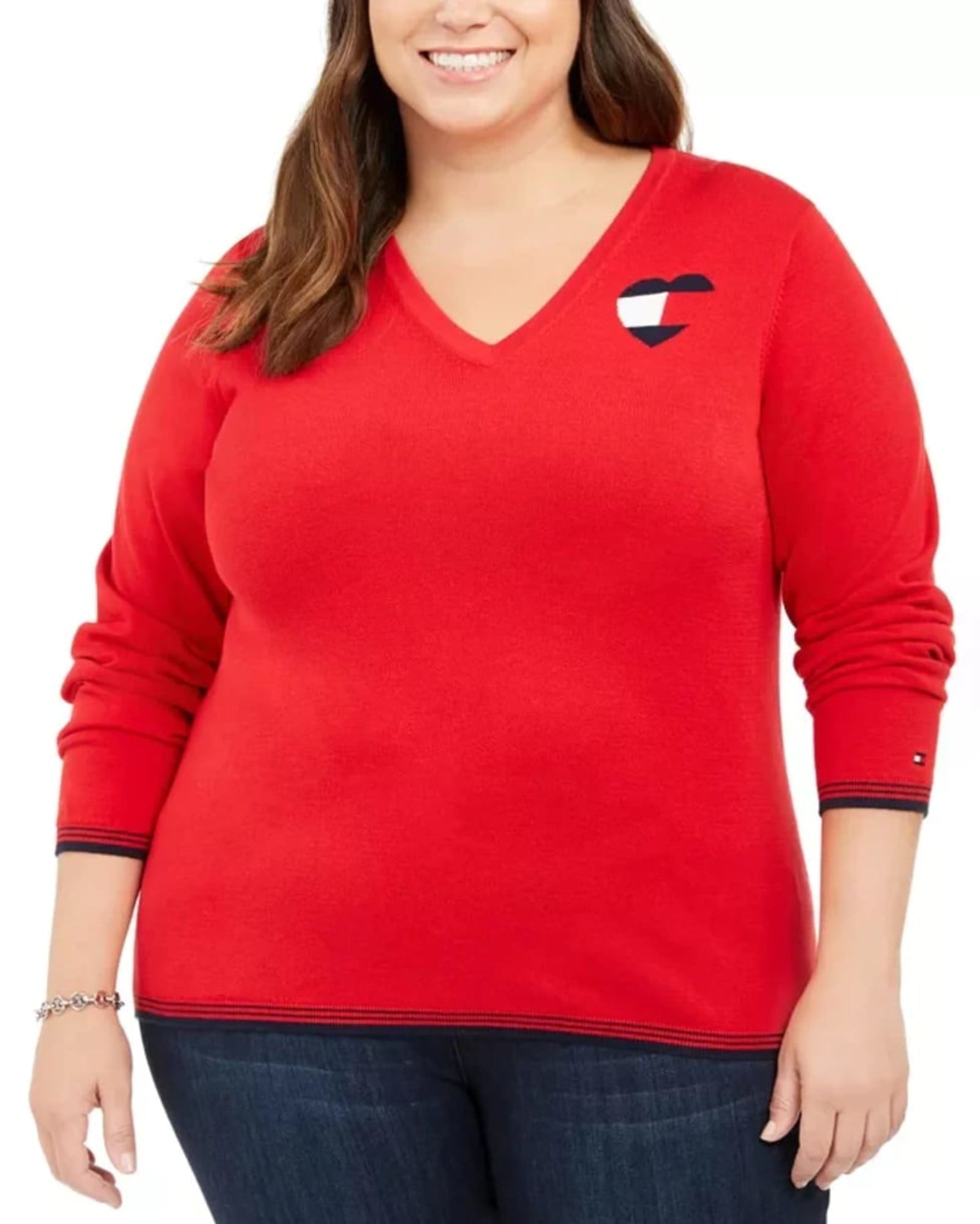 Tommy Hilfiger Women's Plus Size Cotton Heart-Logo Sweater Red Size 0X | Red
