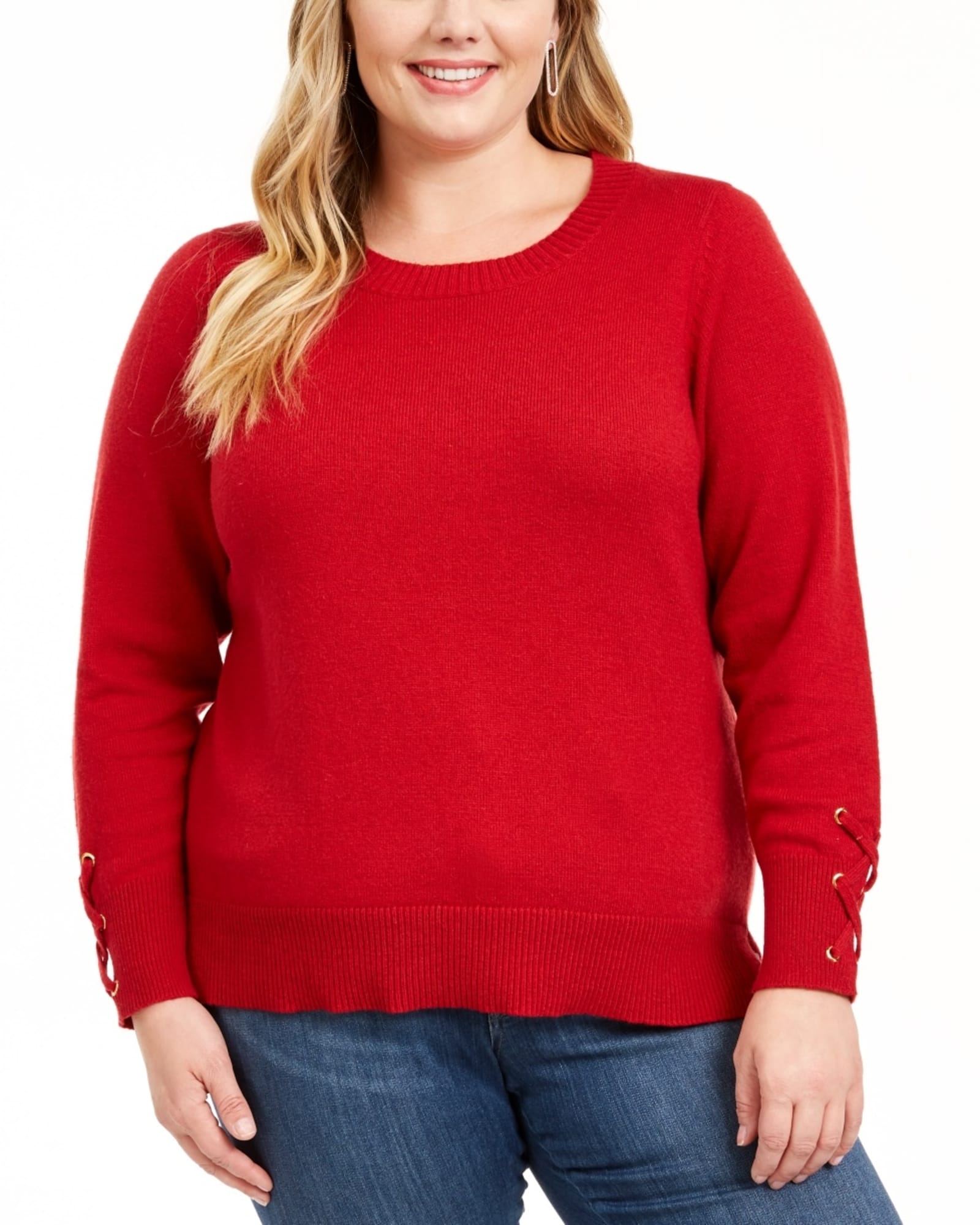 Michael Kors Women's Plus Lace Up Sleeves Ribbed Trim Sweater Red Size0X | Red