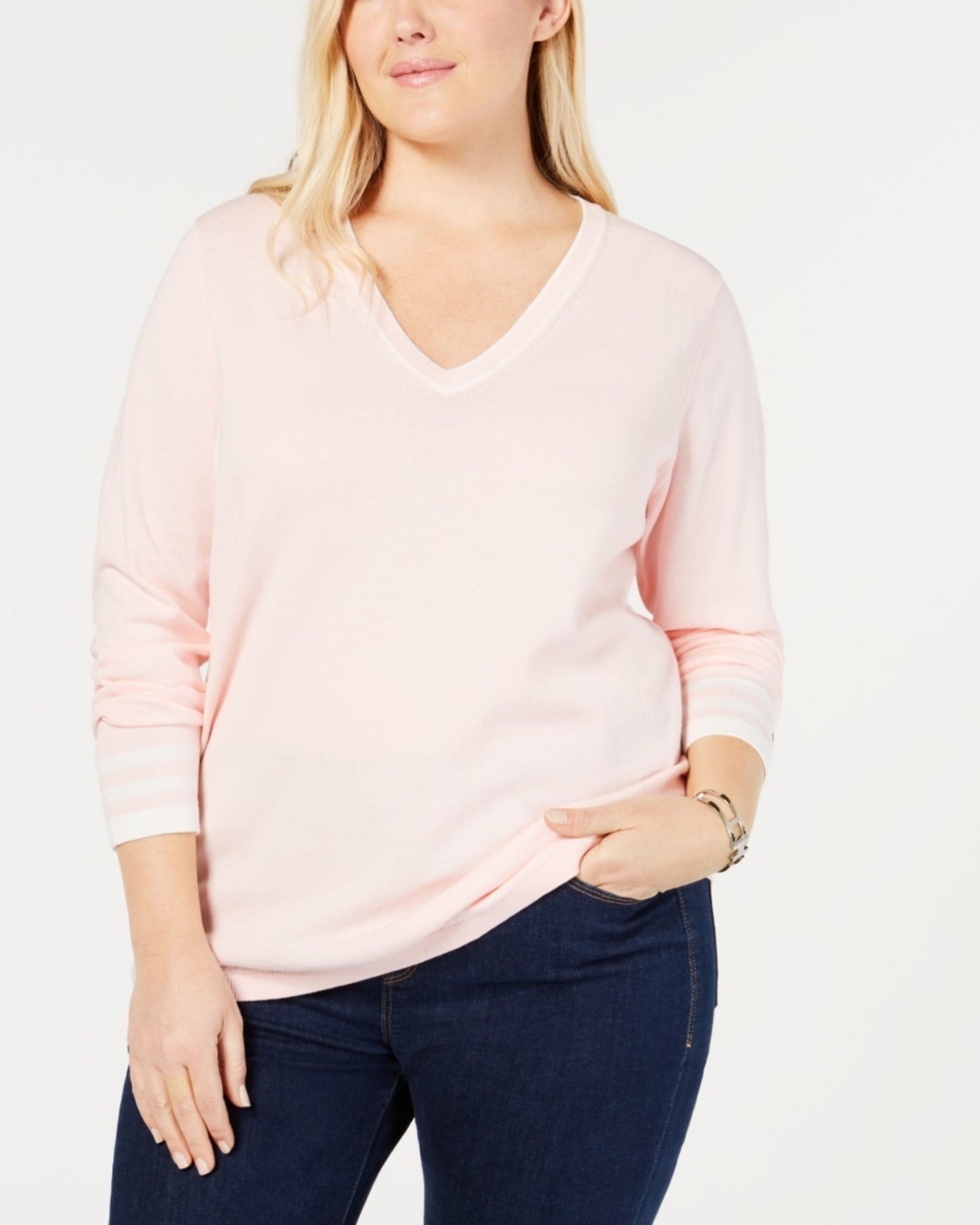 Tommy Hilfiger Women's Plus Cotton V Neck Sweater Pink Size 2X | Pink