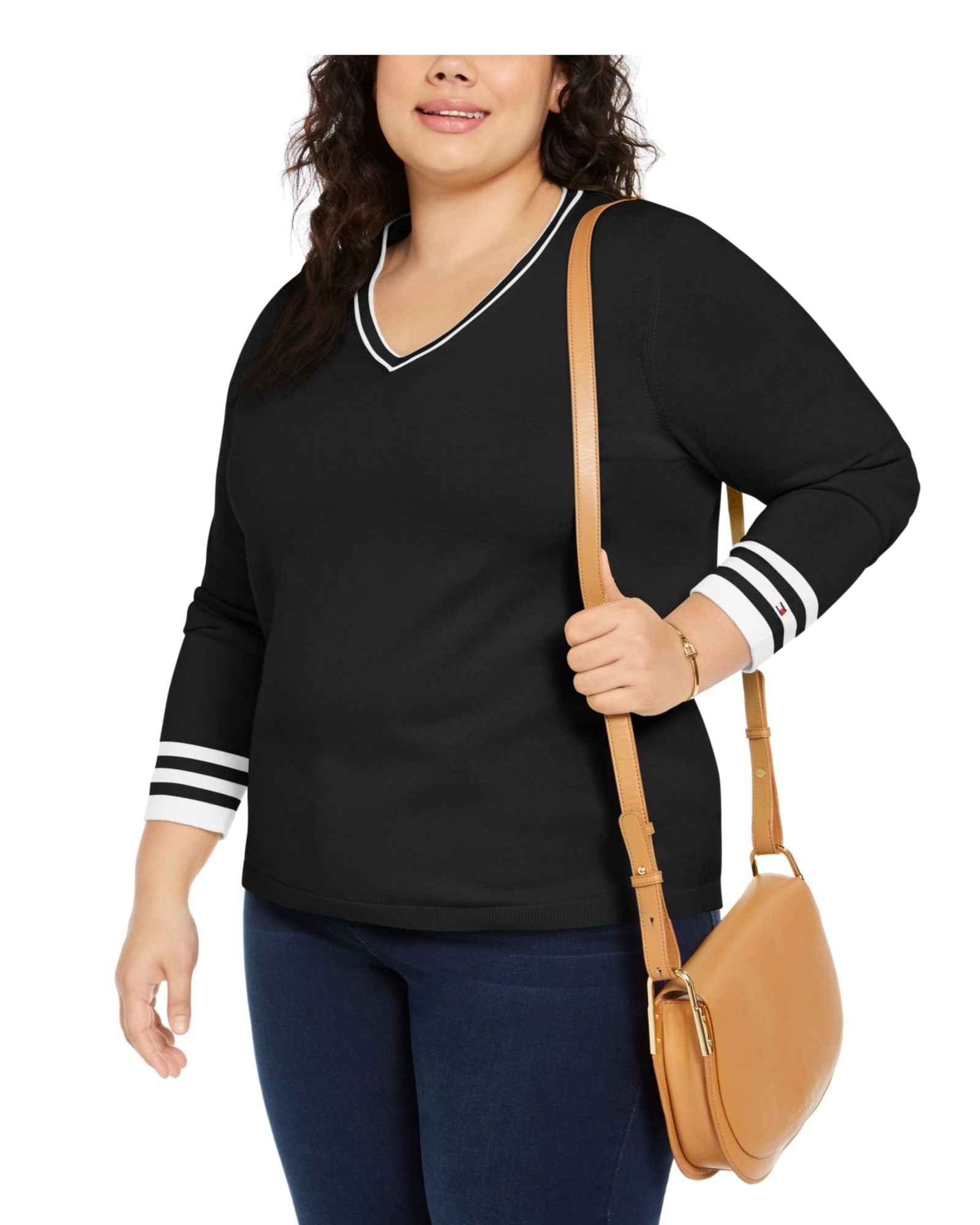 Tommy Hilfiger Women's Plus Cotton Striped V Neck Sweater Black Size 0X | Black