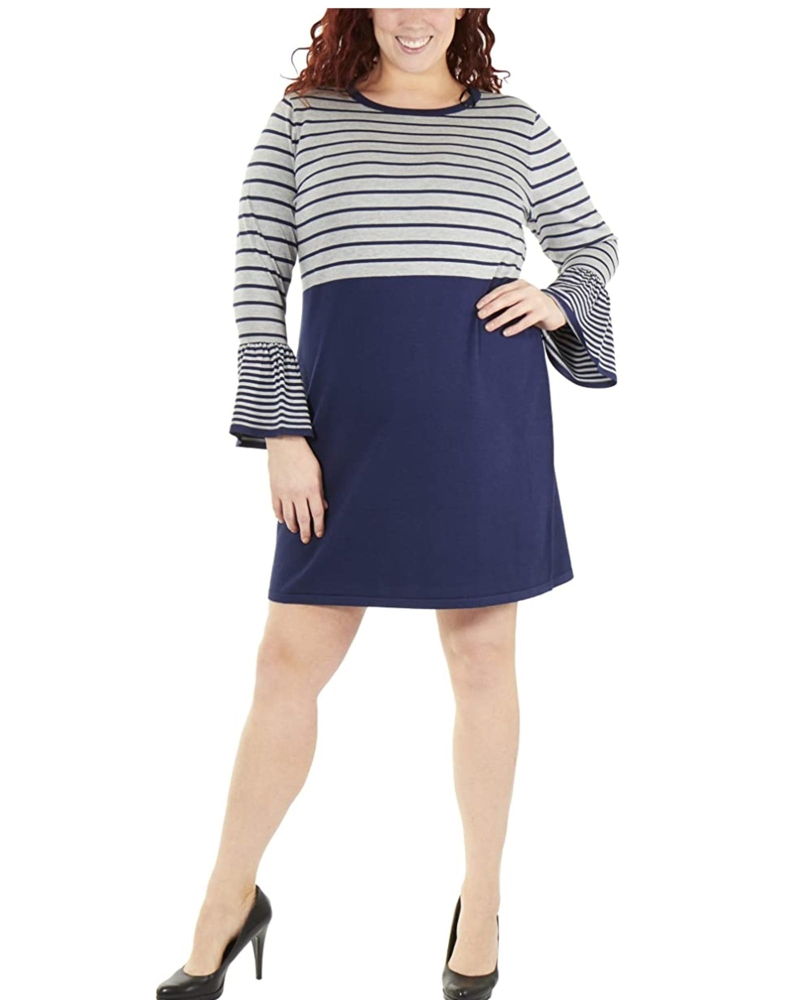 NY Collection Women's Plus Knit Striped Sweaterdress Blue Size Petite L | Blue