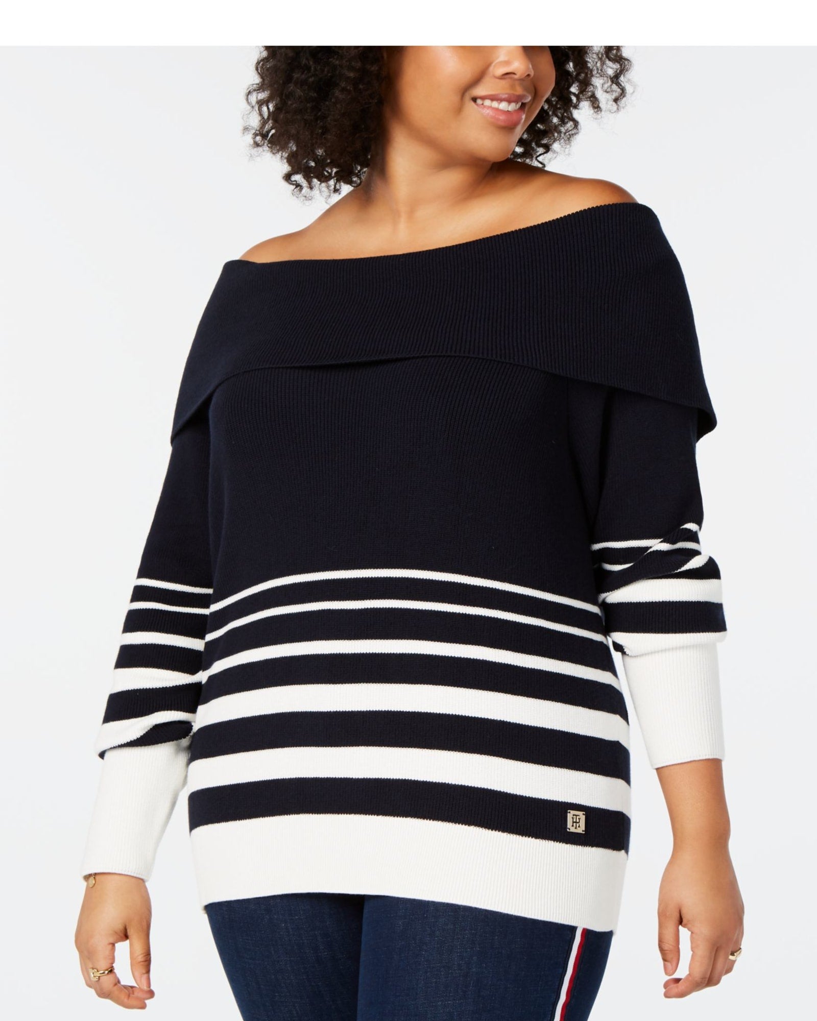 Tommy Hilfiger Women's Plus Striped Off the Shoulder Sweater Blue Size 2XL | Blue