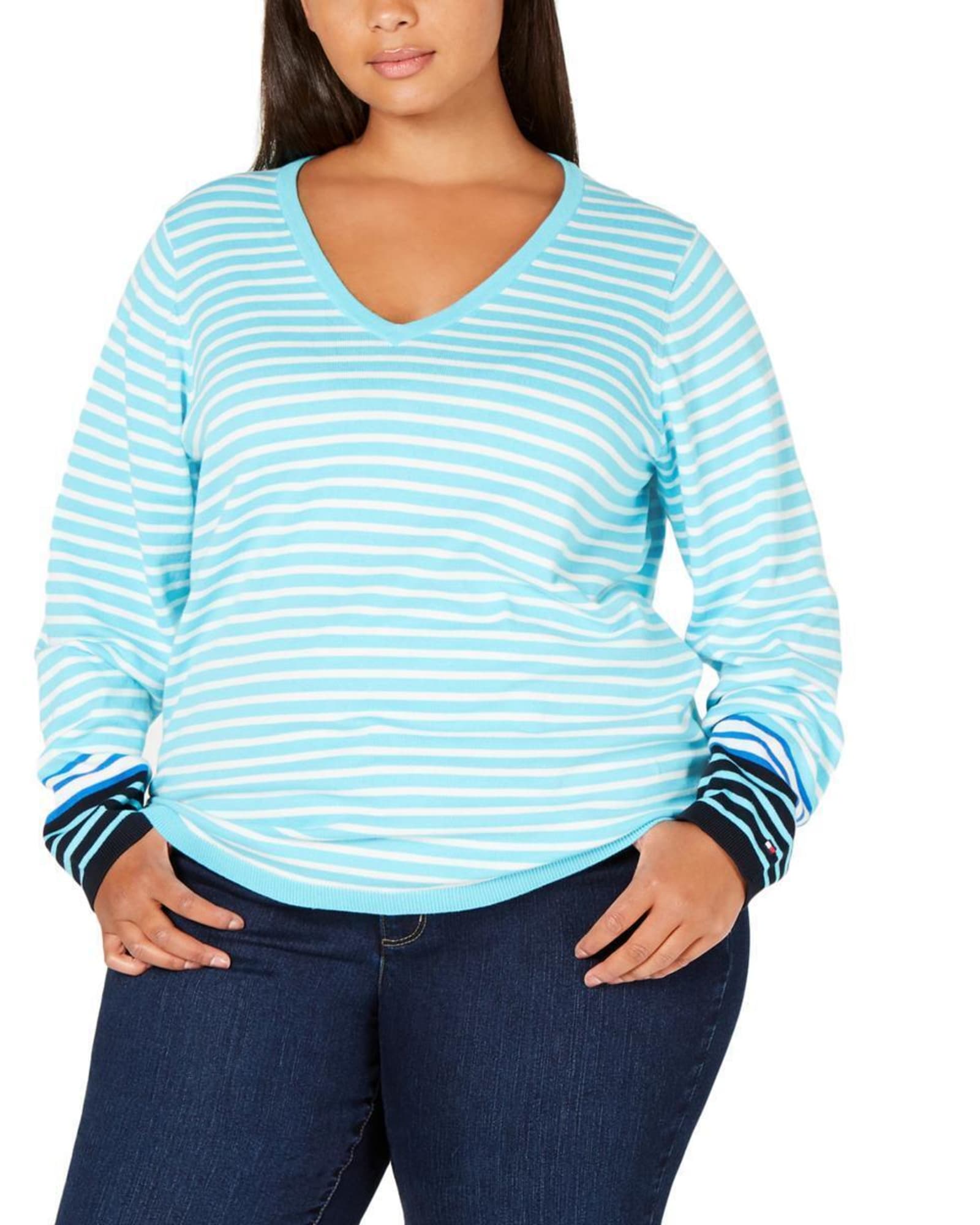 Tommy Hilfiger Women's Plus Striped V-Neck Sweater Blue Size 1X | Blue