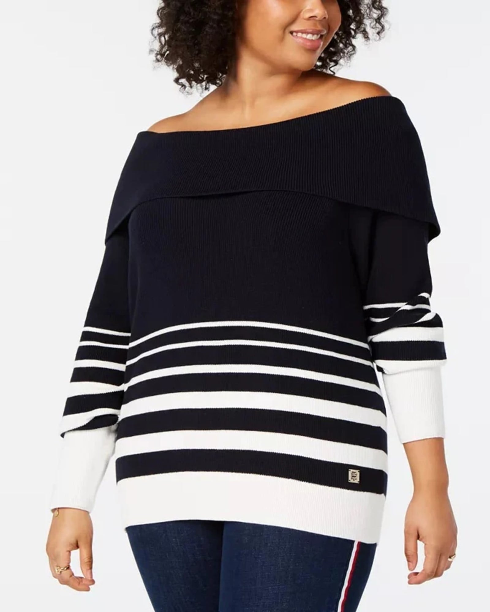 Tommy Hilfiger Women's Plus Striped Off-The-Shoulder Cotton Sweater Black/White Size 3X | Black