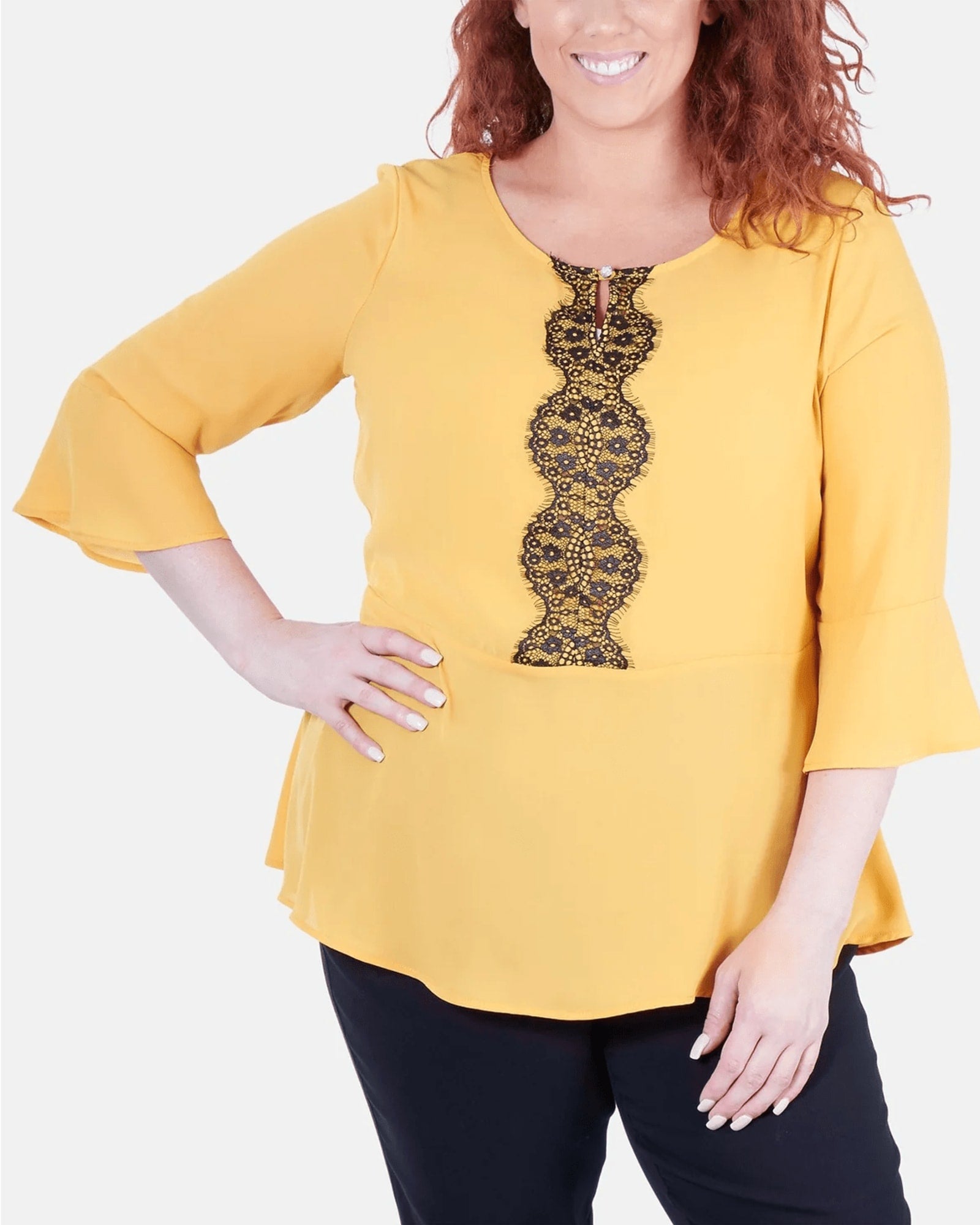 NY Collection Women's Plus Size Lace-Trim Peplum Blouse Yellow Size Extra Large | Yellow