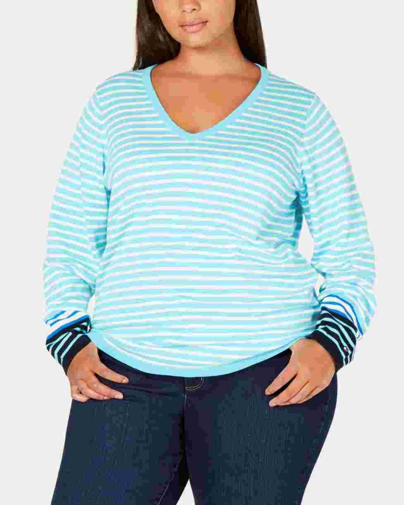 Tommy Hilfiger Cotton Striped V Neck Sweater Blue Size 0X | Blue