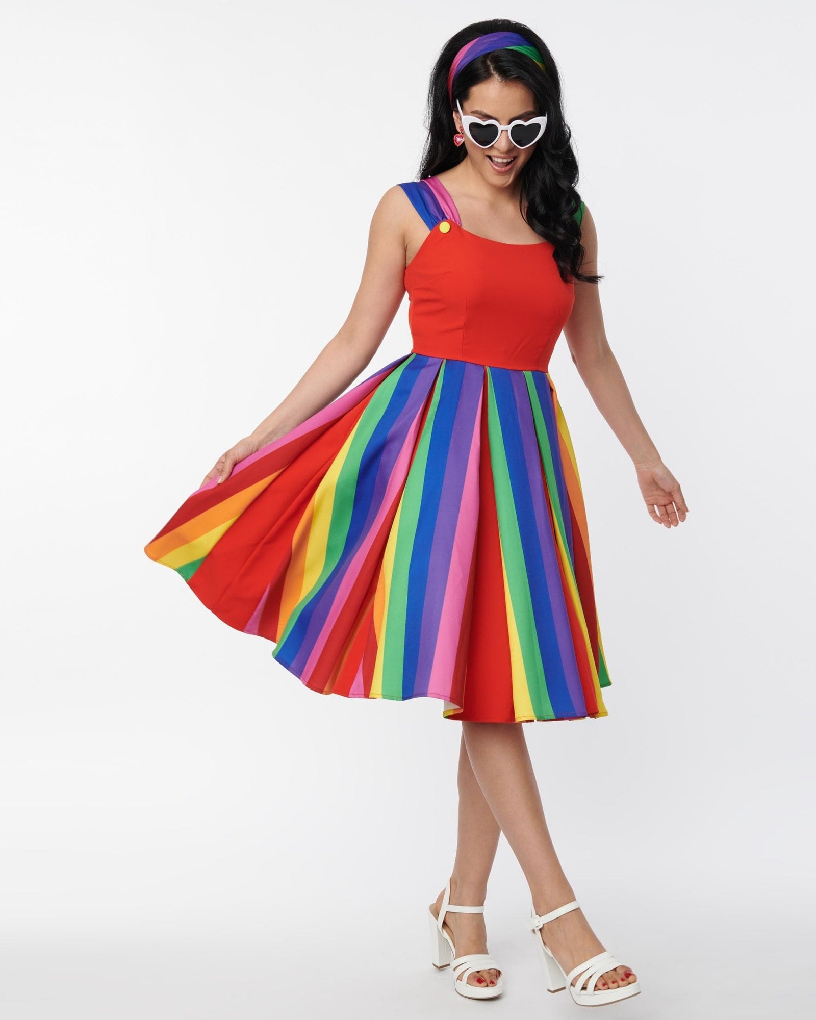 Unique Vintage Red & Rainbow Stripe Swing Dress | Red/Rainbow