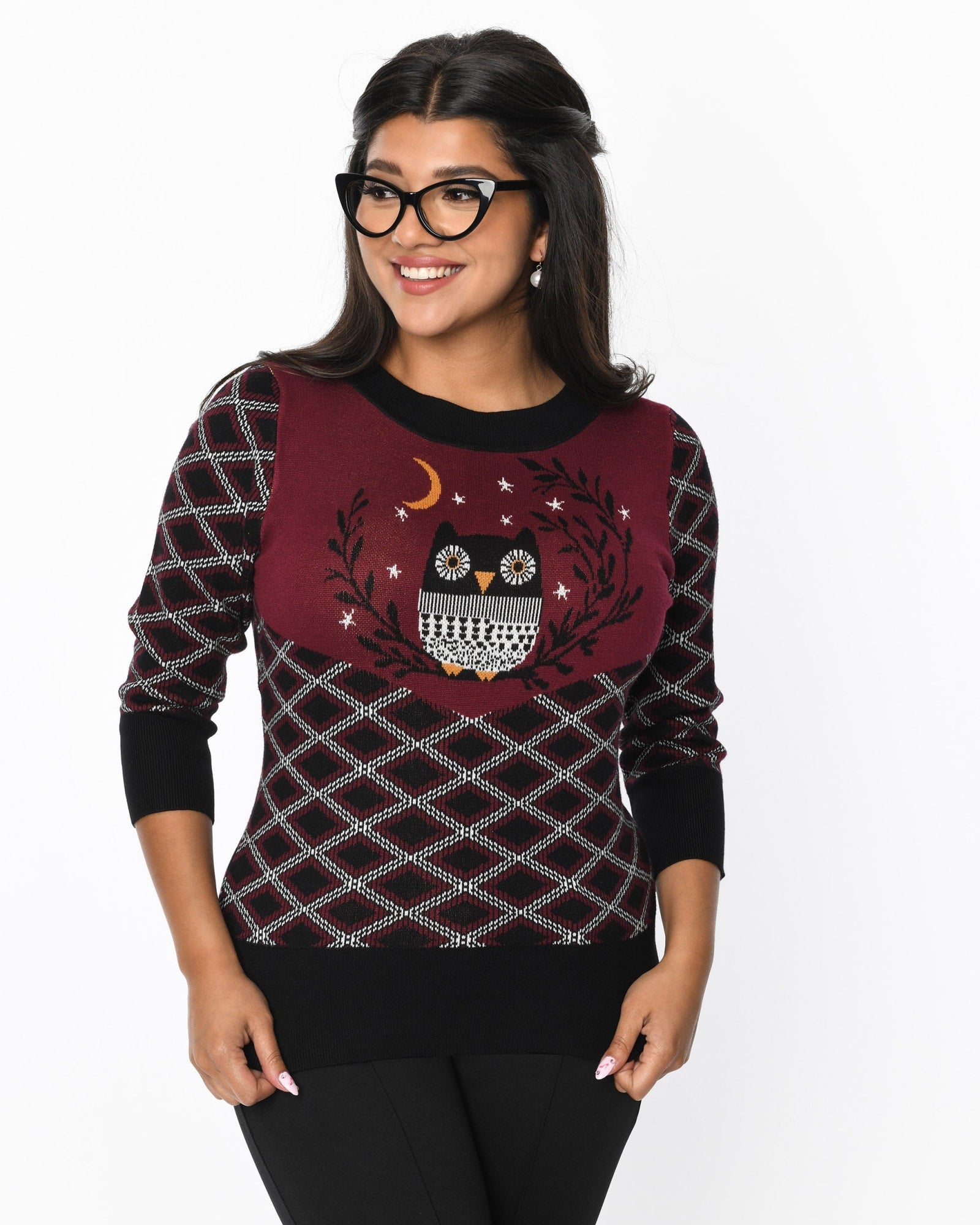 Smak Parlour Black & Burgundy Plaid Owl Sweater | Black/Plaid Owl