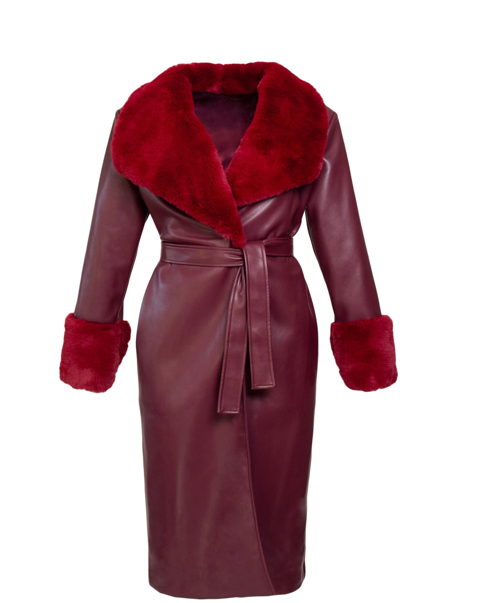Faux Fur Collar & Leather Wrap Coat | Burgundy