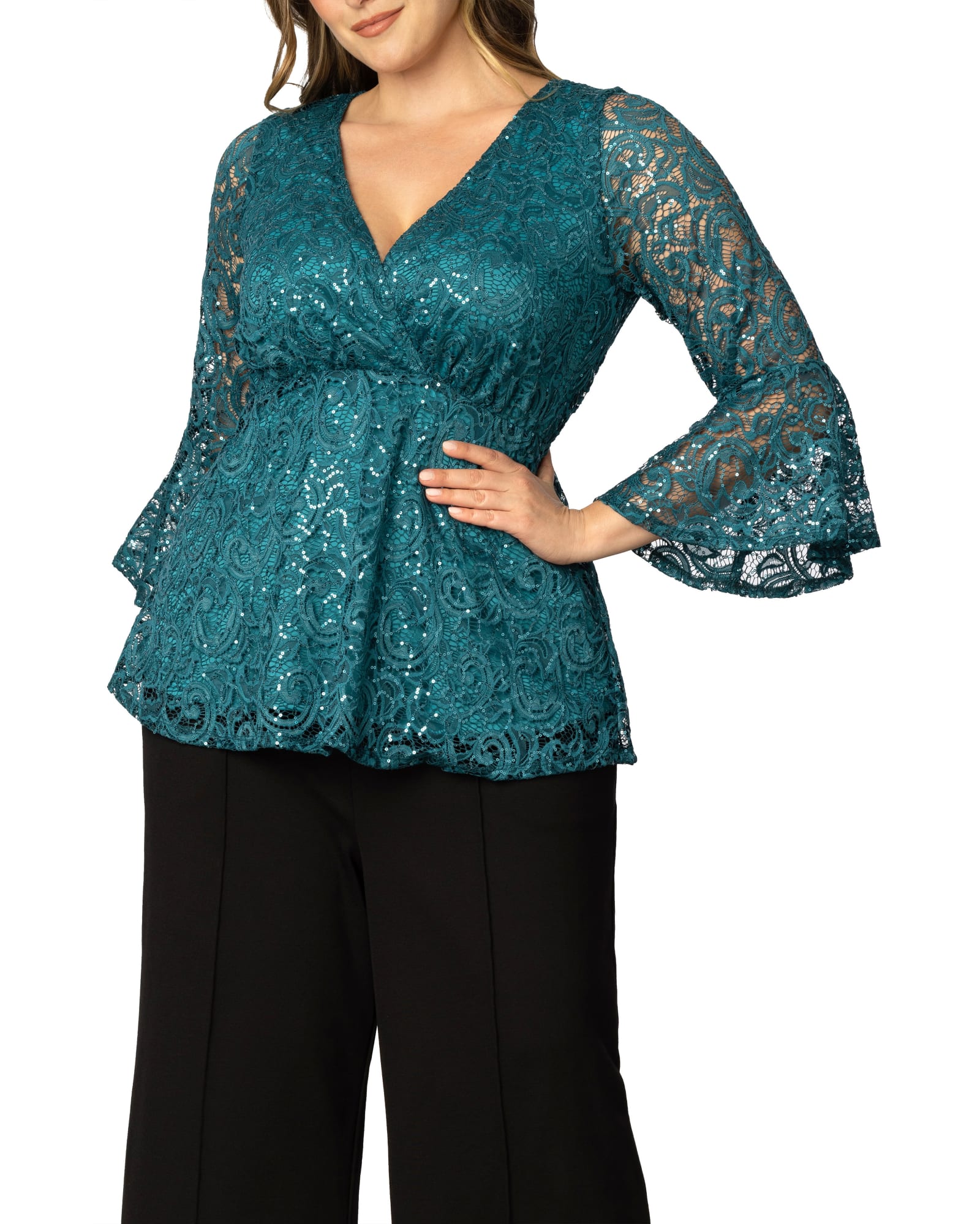 Sequin Sparkle Bell Sleeve Lace Top | TEAL TOPAZ