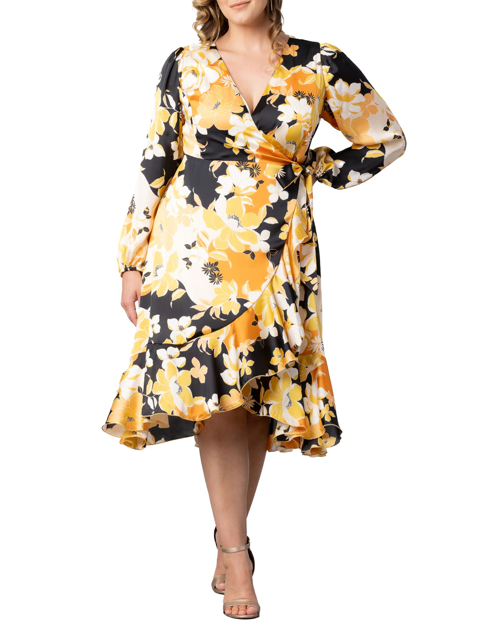 Serena Satin Ruffle Wrap Dress | SUNSET BLOOMS