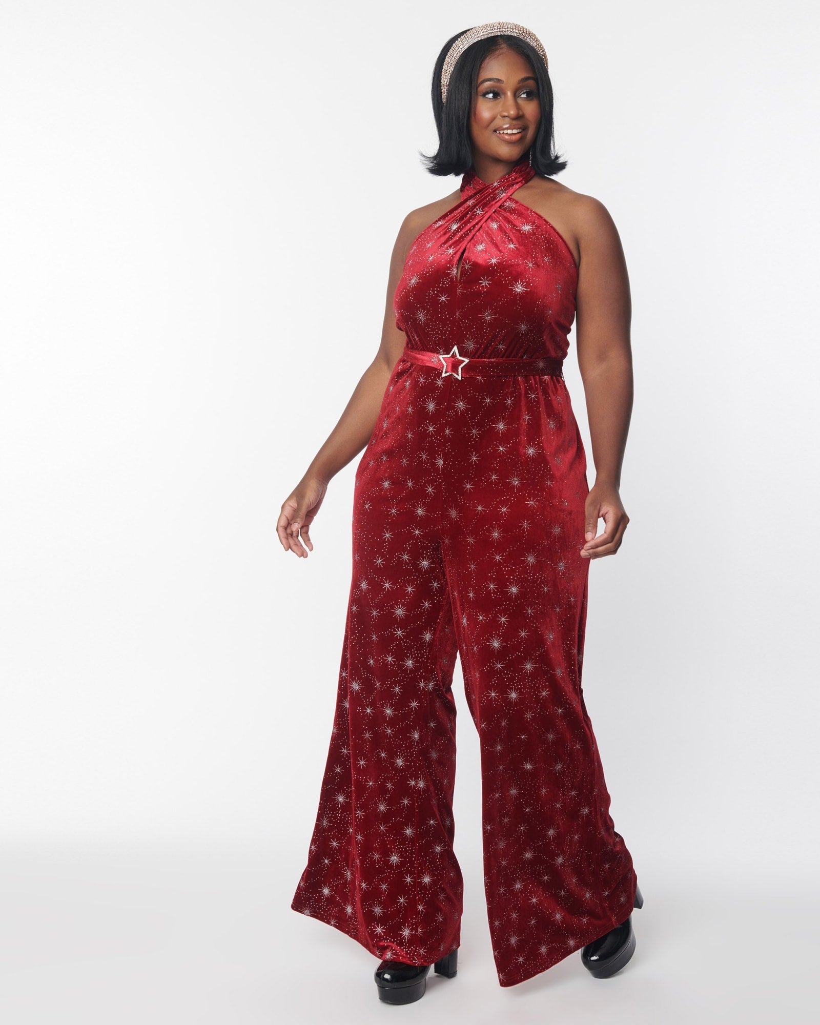 Smak Parlour Red & Silver Star Velvet Draped Darling Jumpsuit | Red & Silver Stars