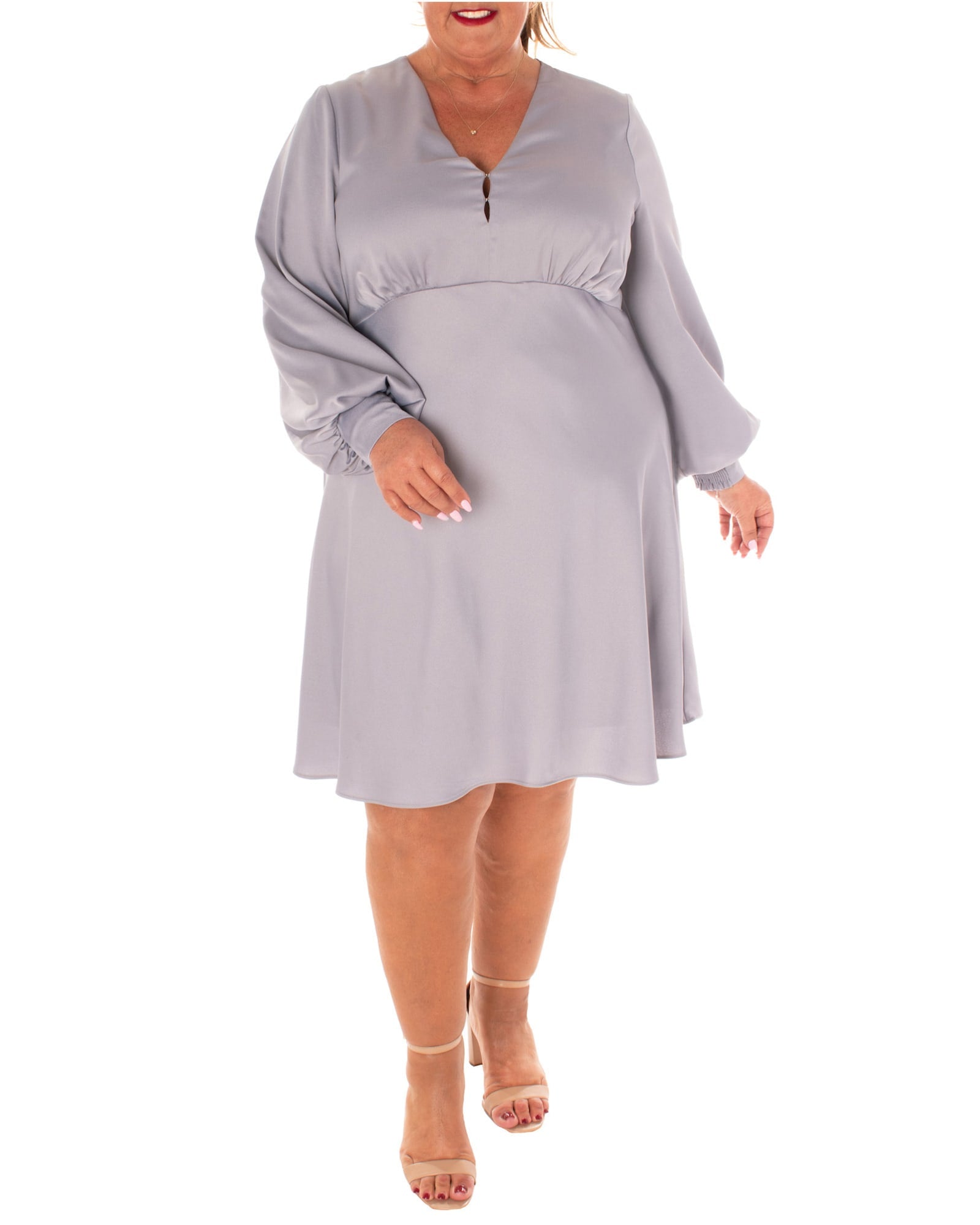 SOLID SATIN BACK CREPE FULLY LINED DRESS W/SMOCKING @ BACK SIDE OF CUFF | SMOKE GREY