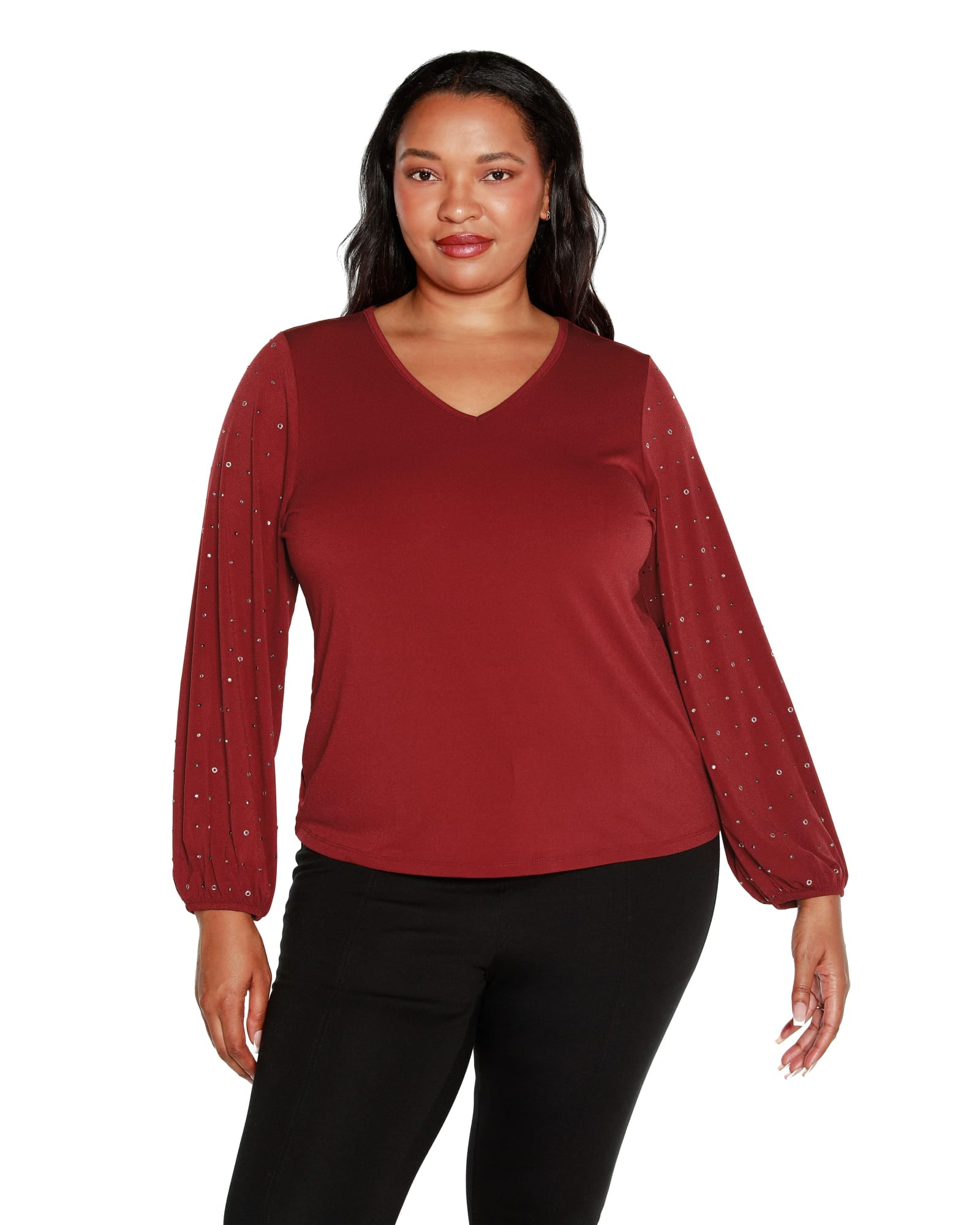 Plus Size Embellished Blouson Sleeve Top | Cranberry