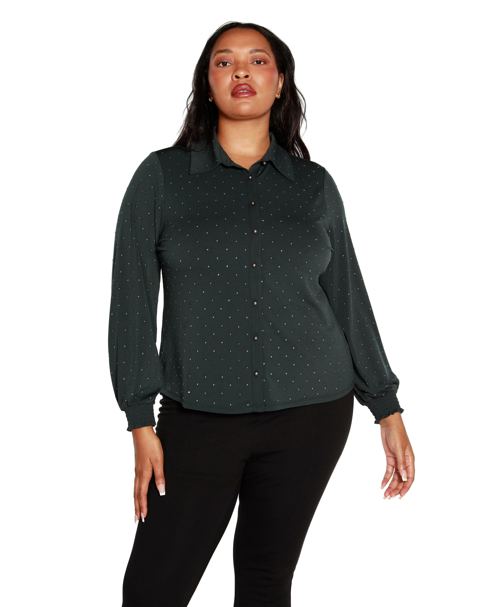 Plus Size Embellished Button-Front Top | Dark Forest