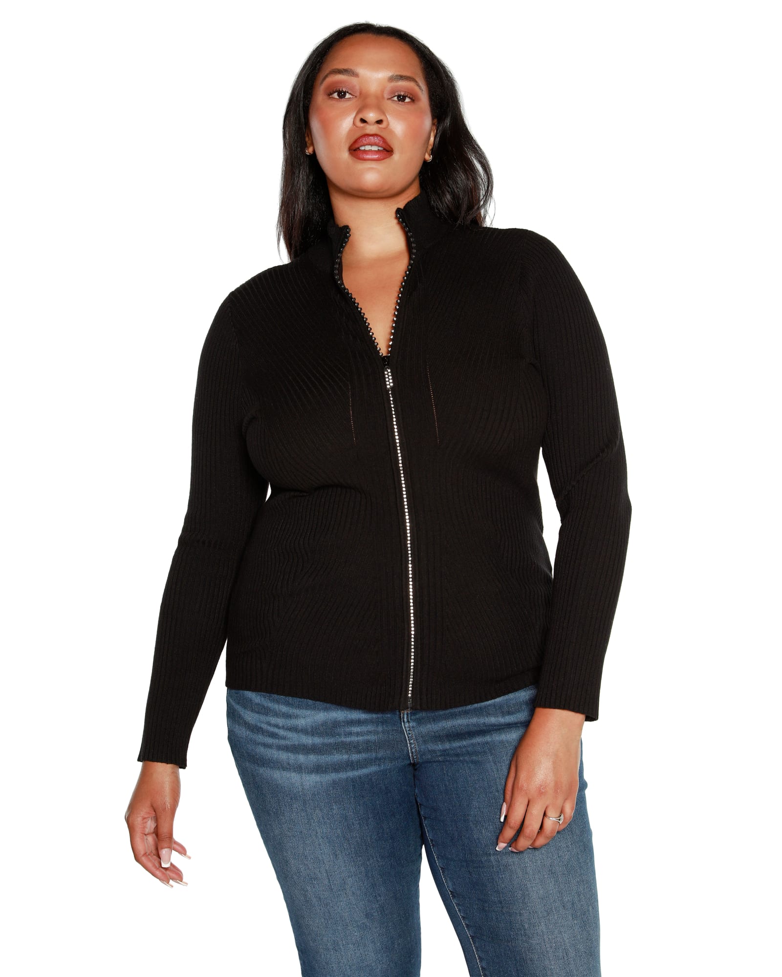 Plus Size Mock Neck Ribbed Sweater Zip Up | Black
