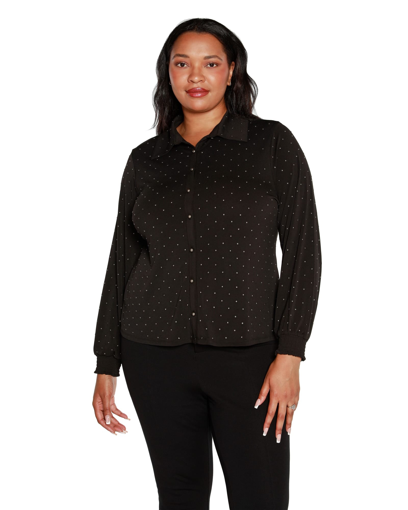 Plus Size Embellished Button-Front Top | Black