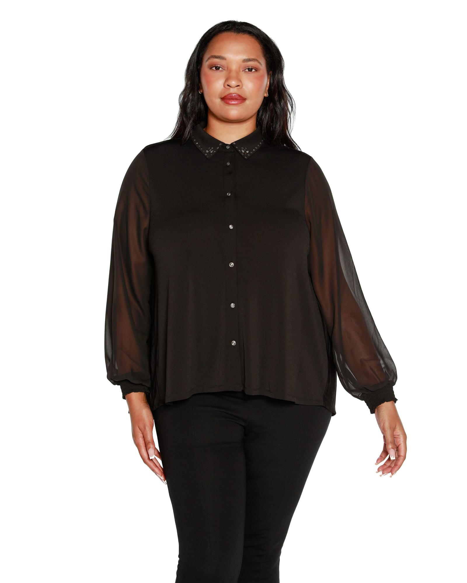 Plus Size Pleated Back Button Front Shirt
