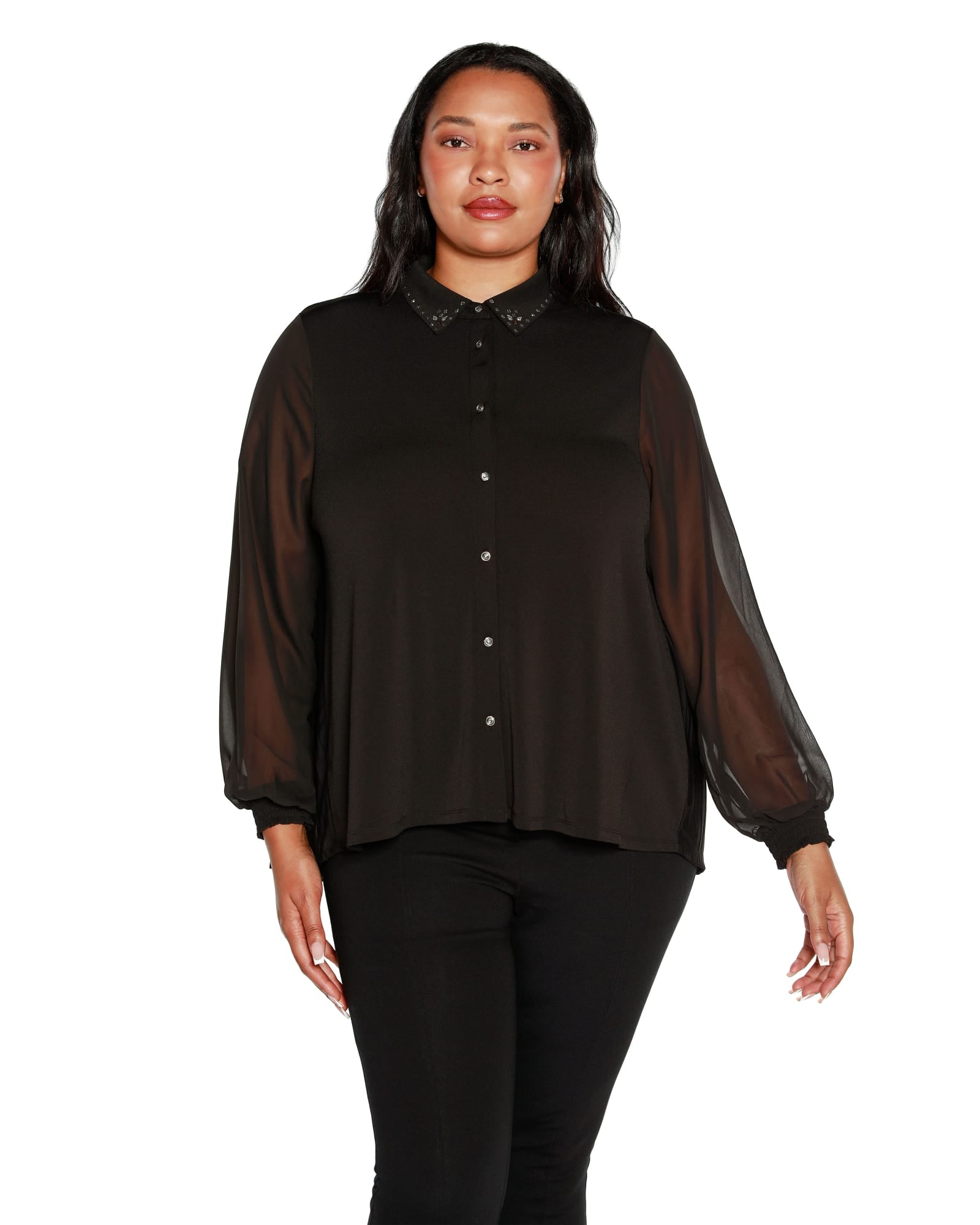 Plus Size Pleated Back Embellished Top | Black